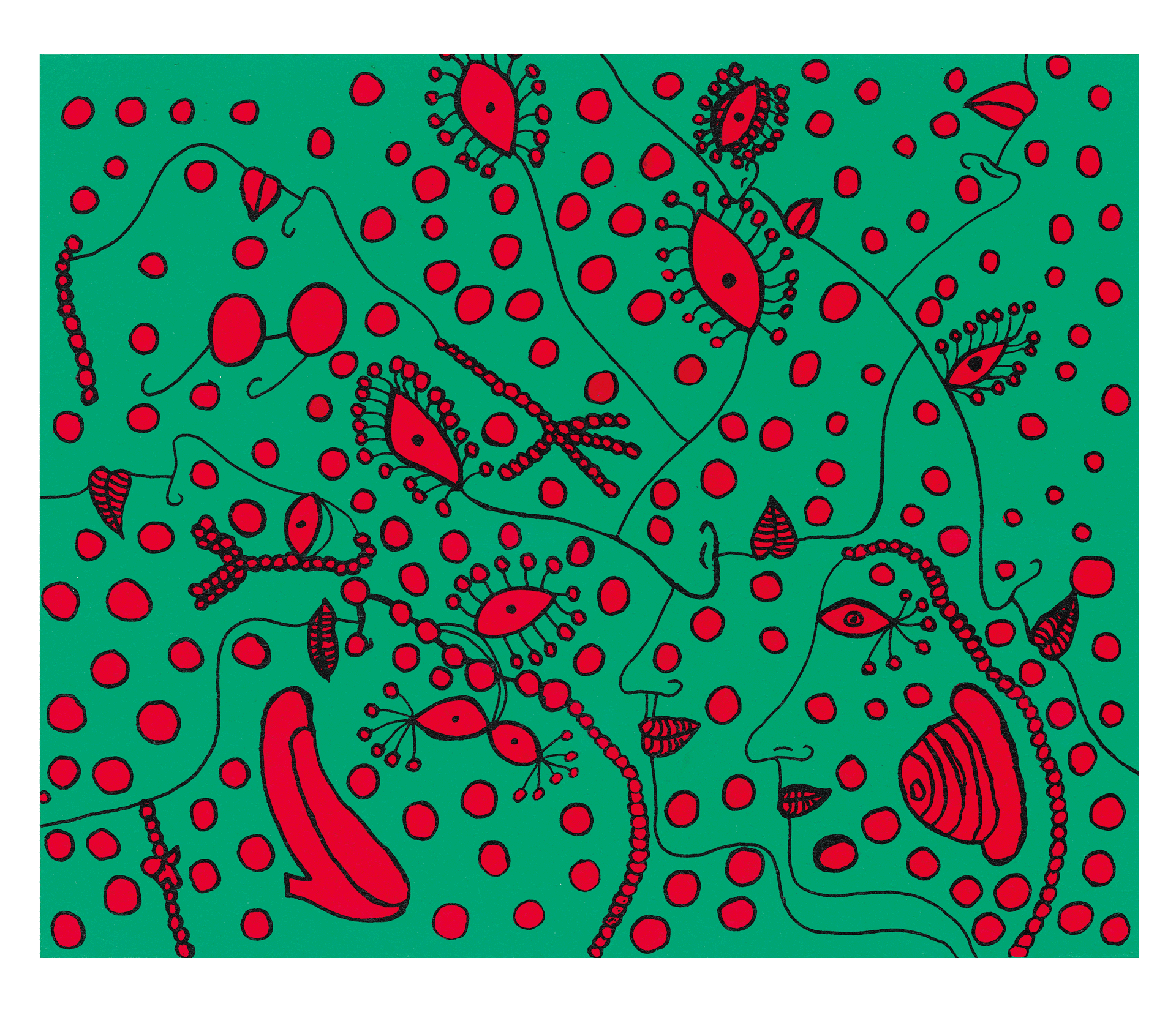 A silkscreen print and etching on Moulin de Larroque paper by Yayoi Kusama, titled Joy of Life, dated 2012.