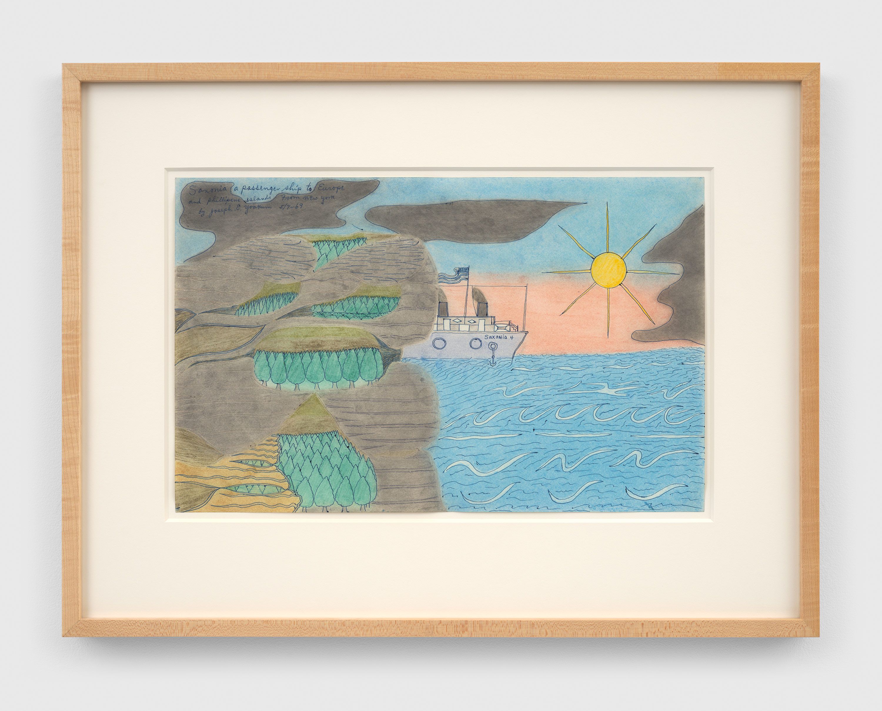 A colored pencil and ink on paper artwork by Joseph Yoakum, titled Saxonia A Passenger Ship To Europe And Phillipene Islands From New York, dated 1969.