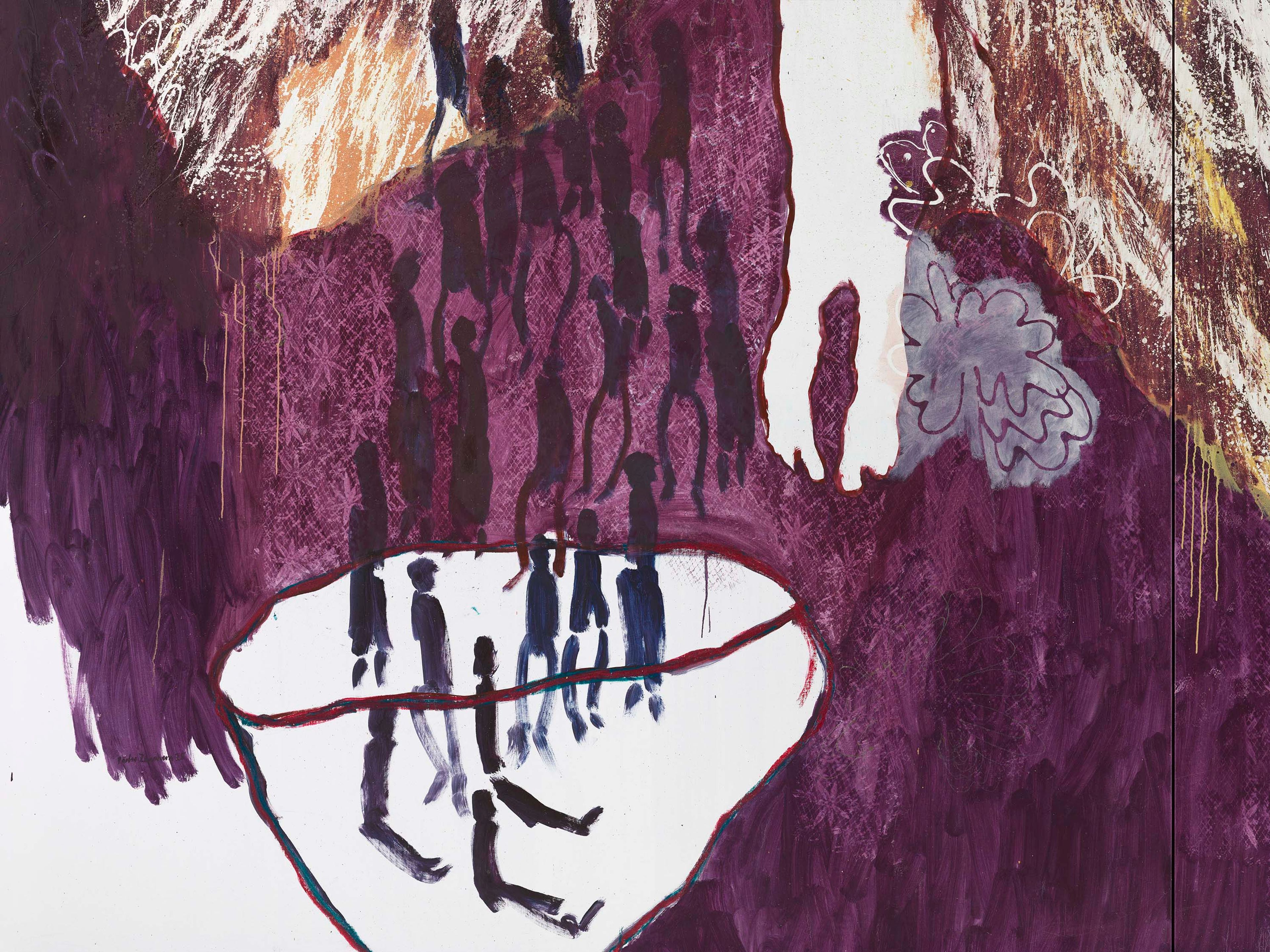 A detail from a painting by Portia Zvavahera, titled Kubudiswa kwedzinza, dated 2025.