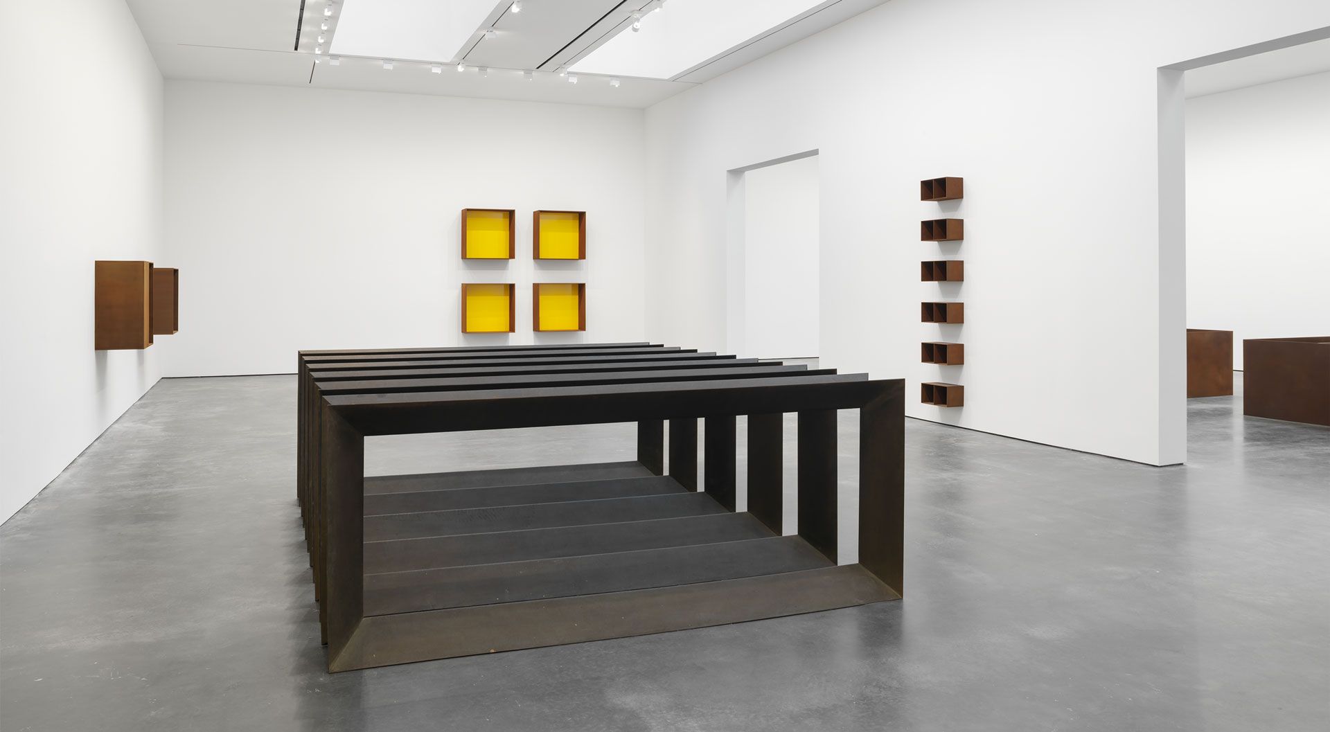 Installation view of the exhibition Donald Judd at David Zwirner in New York, dated 2015.