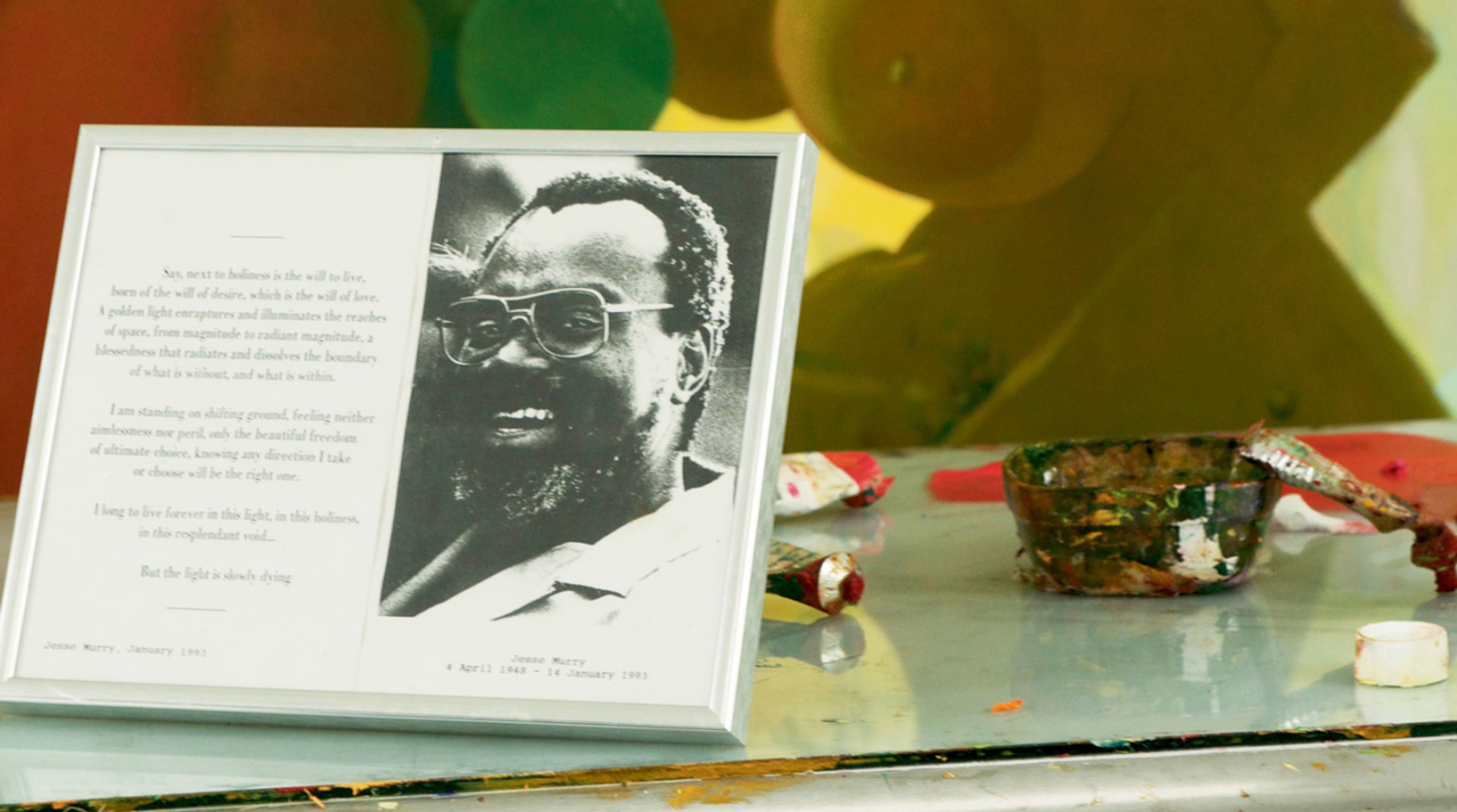 A photo of Jesse Murry and a poem by him in Lisa Yuskavage's studio in New York.