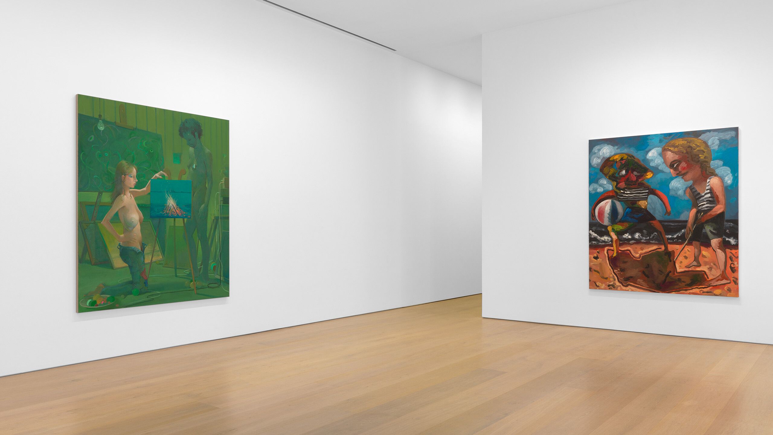 Installation view, Program, David Zwirner, New York, 2021, featuring works, from left, by Lisa Yuskavage and Dana Schutz