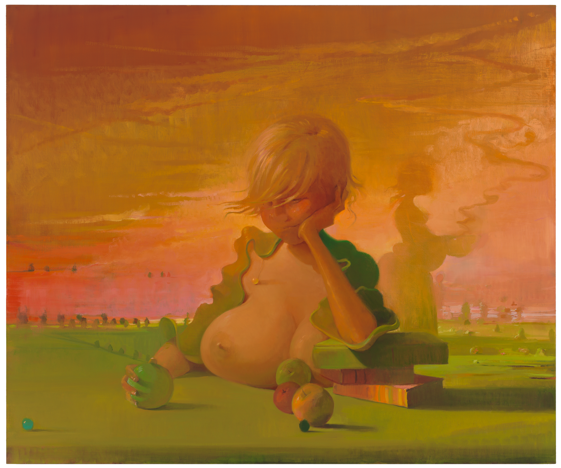 A painting by Lisa Yuskavage, titled Edge of Towners, dated 2011.