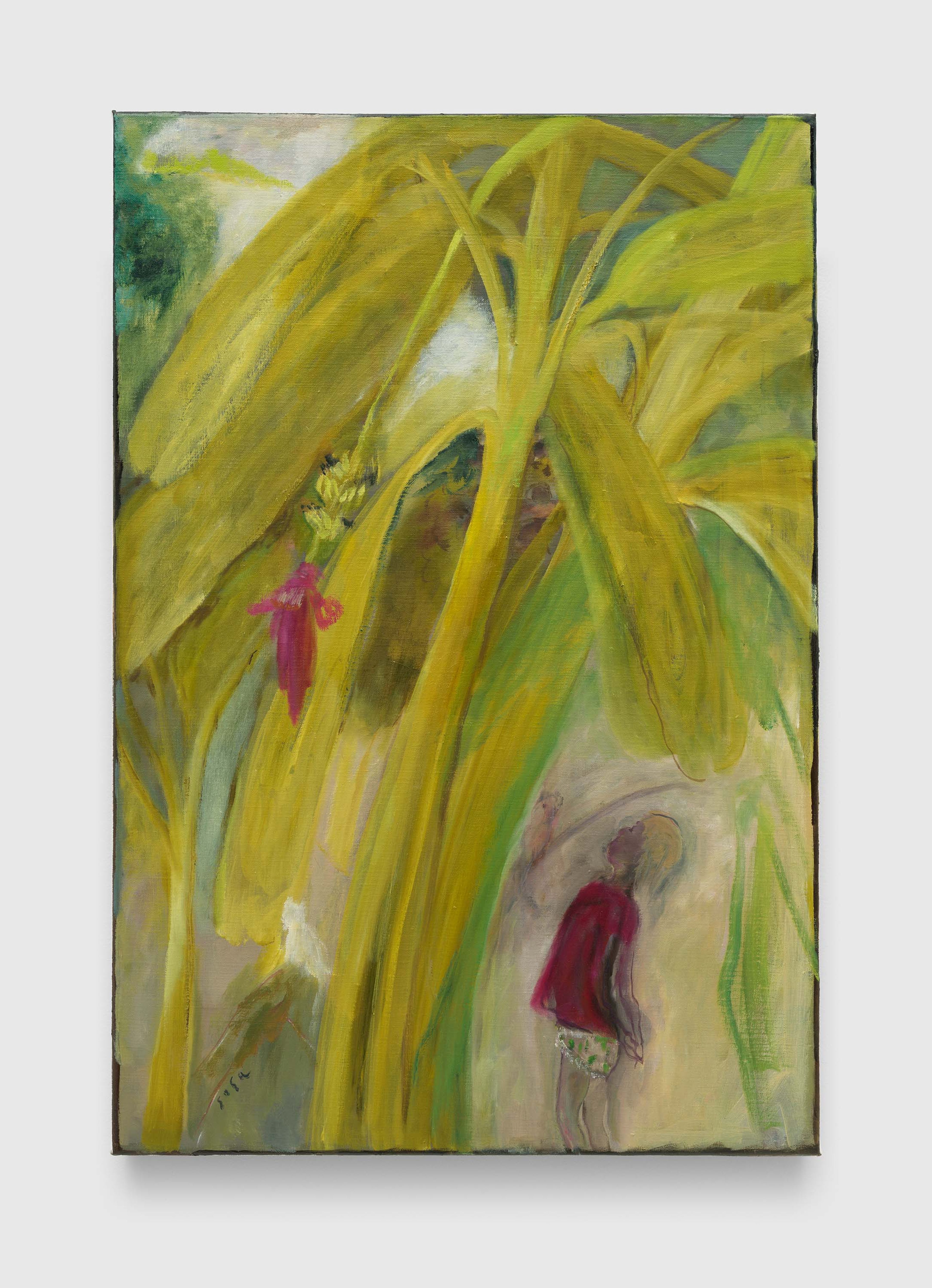 A painting by Sosa Joseph, titled Banana blossoms came in her favourite colour, dated 2025.