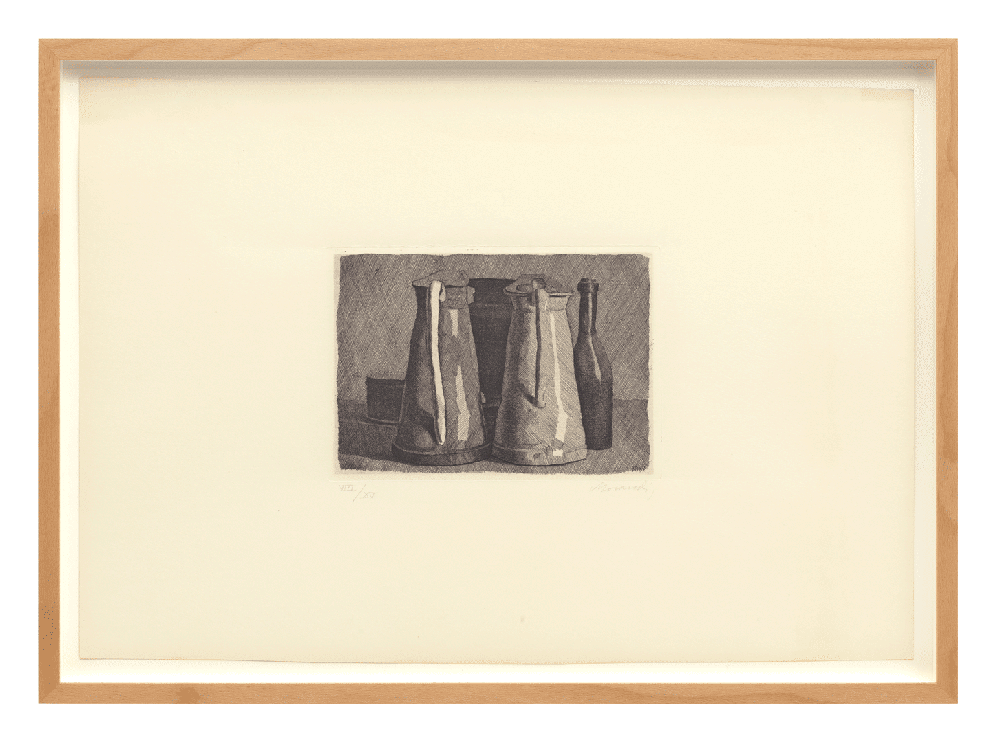 An etching on paper by Giorgio Morandi, titled Natura morta con cinque oggetti (Still life with five objects), dated 1956.
