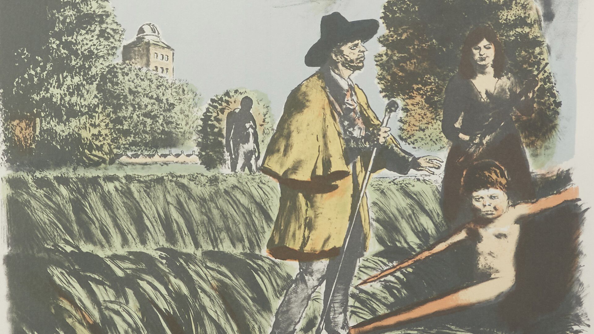 A detail from a print by Neo Rauch, titled Schilfer, dated 2017
