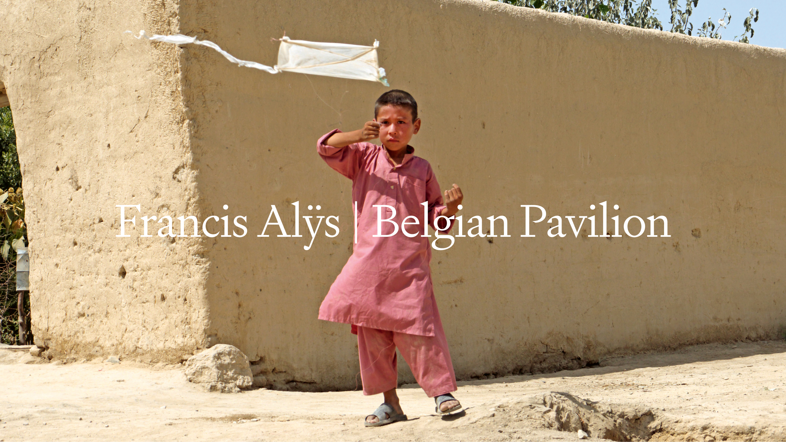 A full width image with the text Francis Alÿs Belgian Pavilion that is linking to the subpage of Francis Alÿs's The Nature of the Game