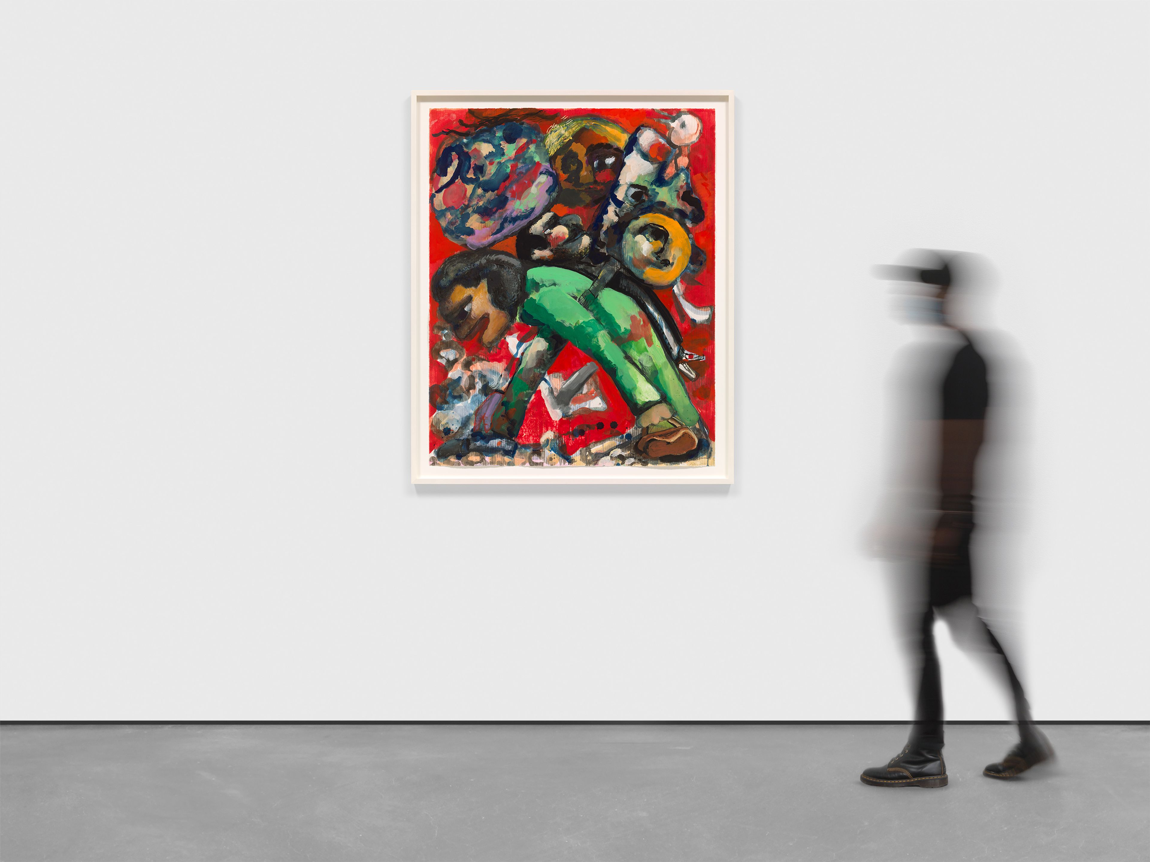 A watercolor monotype by Dana Schutz, titled Baggage 2021, dated 2021.