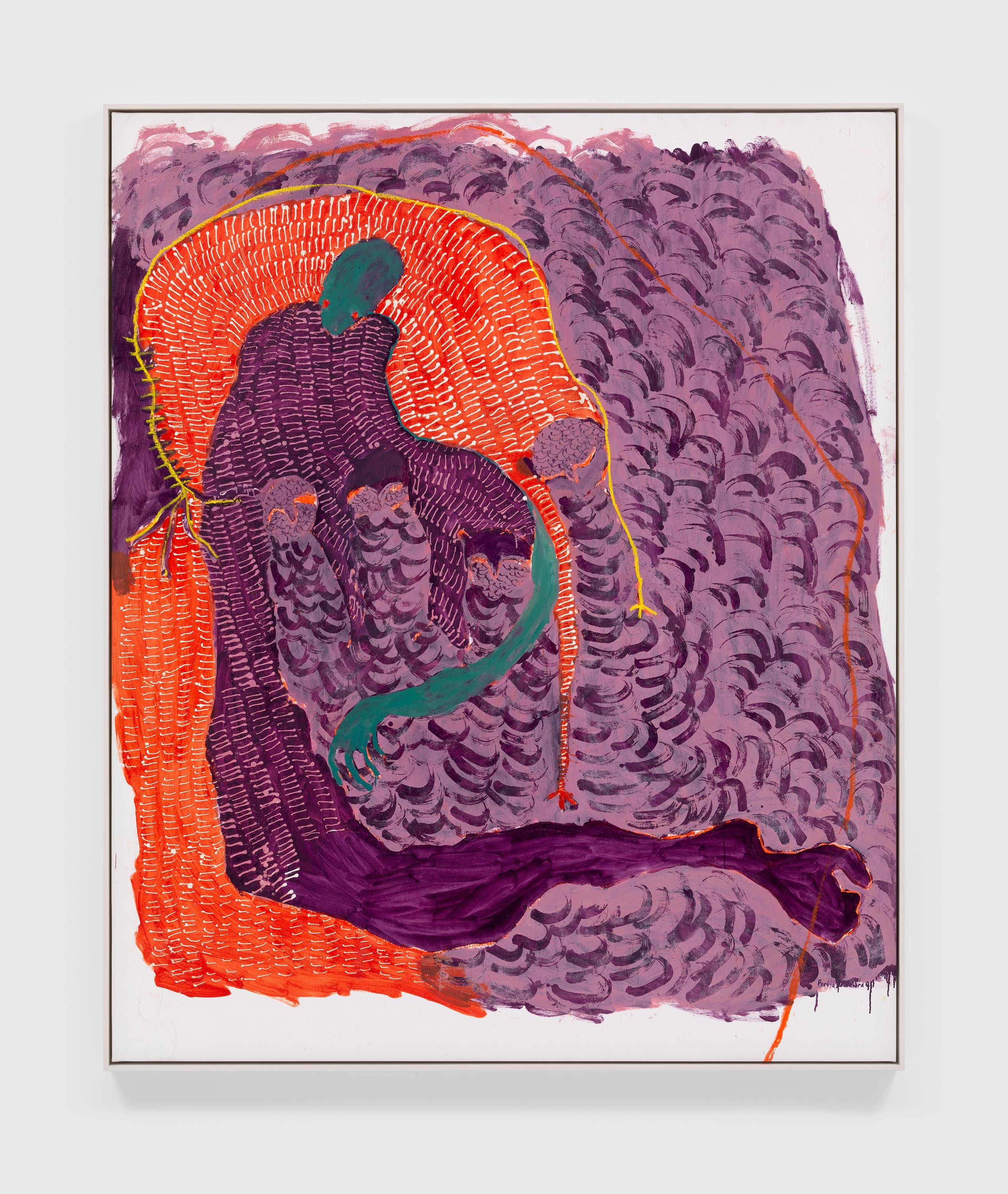 An oil based printing ink and oil bar on canvas artwork by Portia Zvavahera, titled Woman with owls, dated 2021.