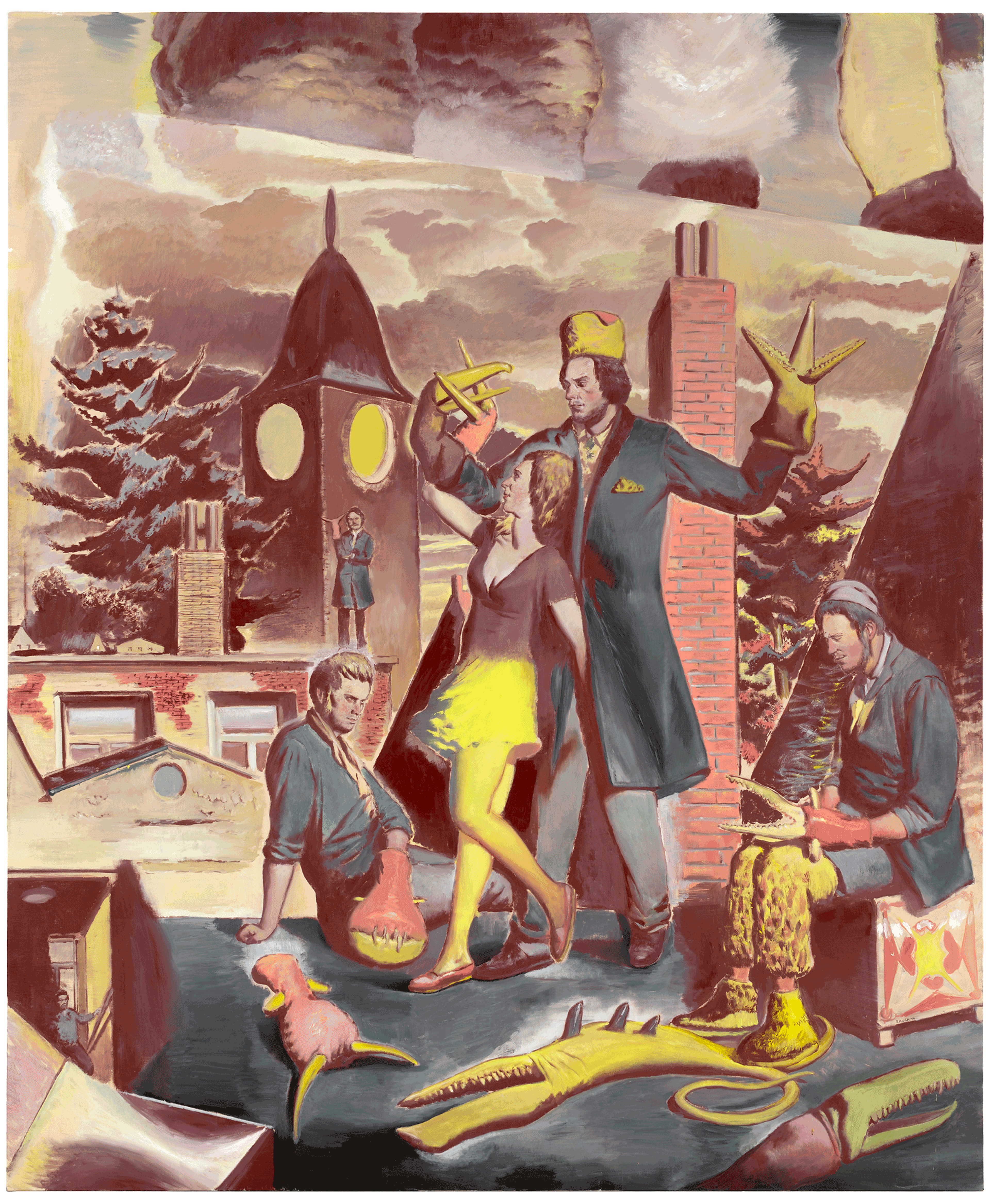 A painting by Neo Rauch, titled Uber den Dachern, dated 2014.