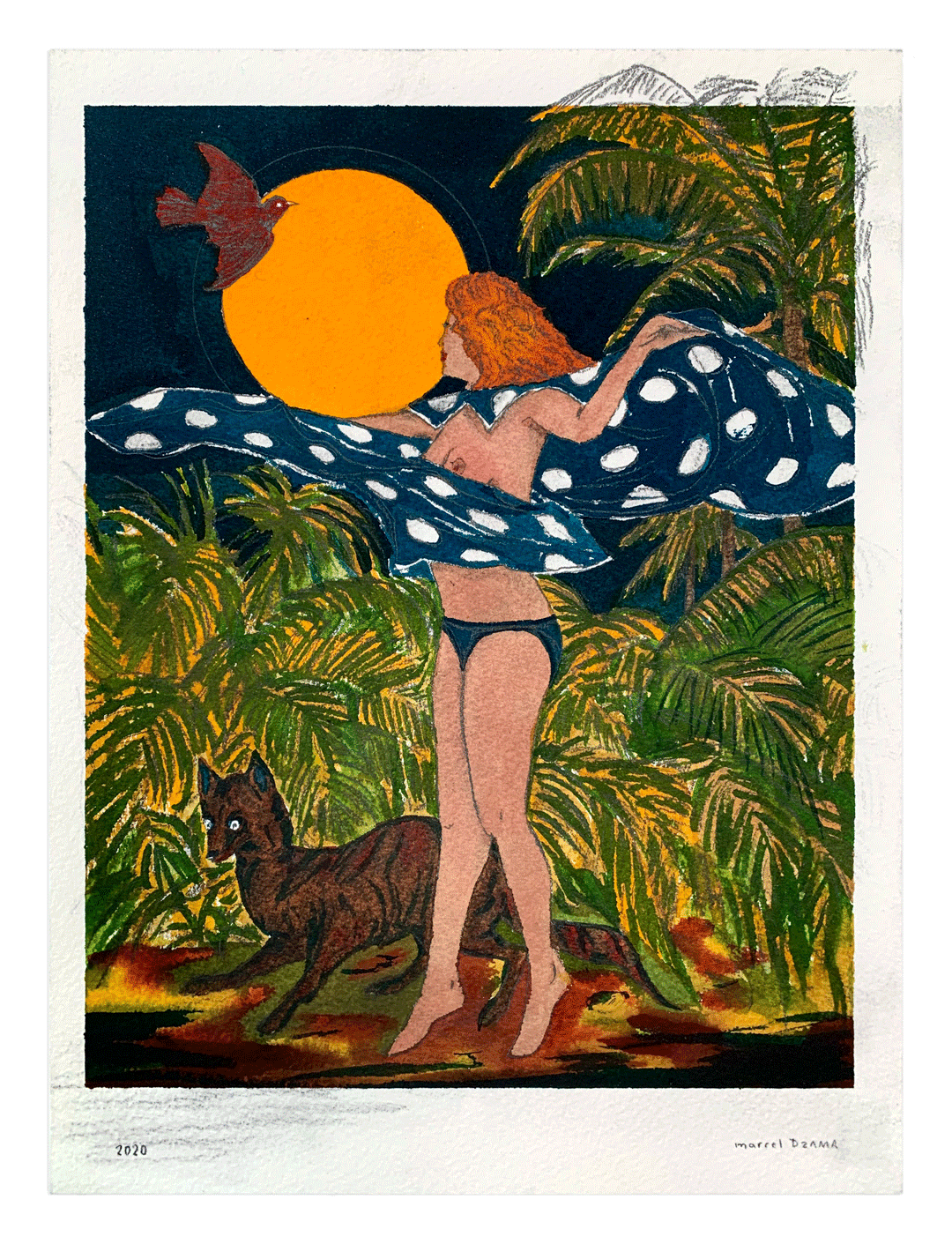 A work on paper by Marcel Dzama titled June is busting, dated 2020.