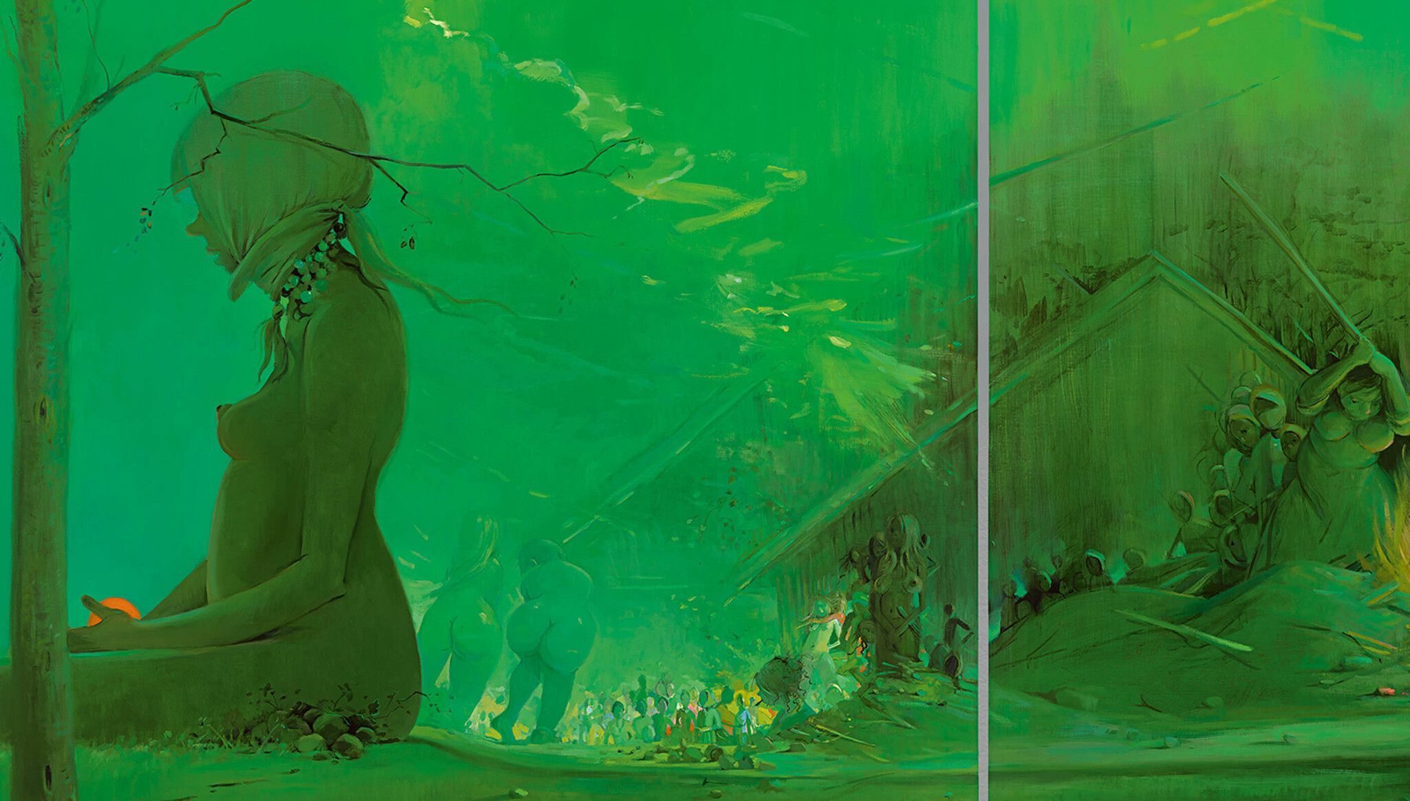 A detail of an artwork by Lisa Yuskavage, titled Bonfire, dated 2013–2015