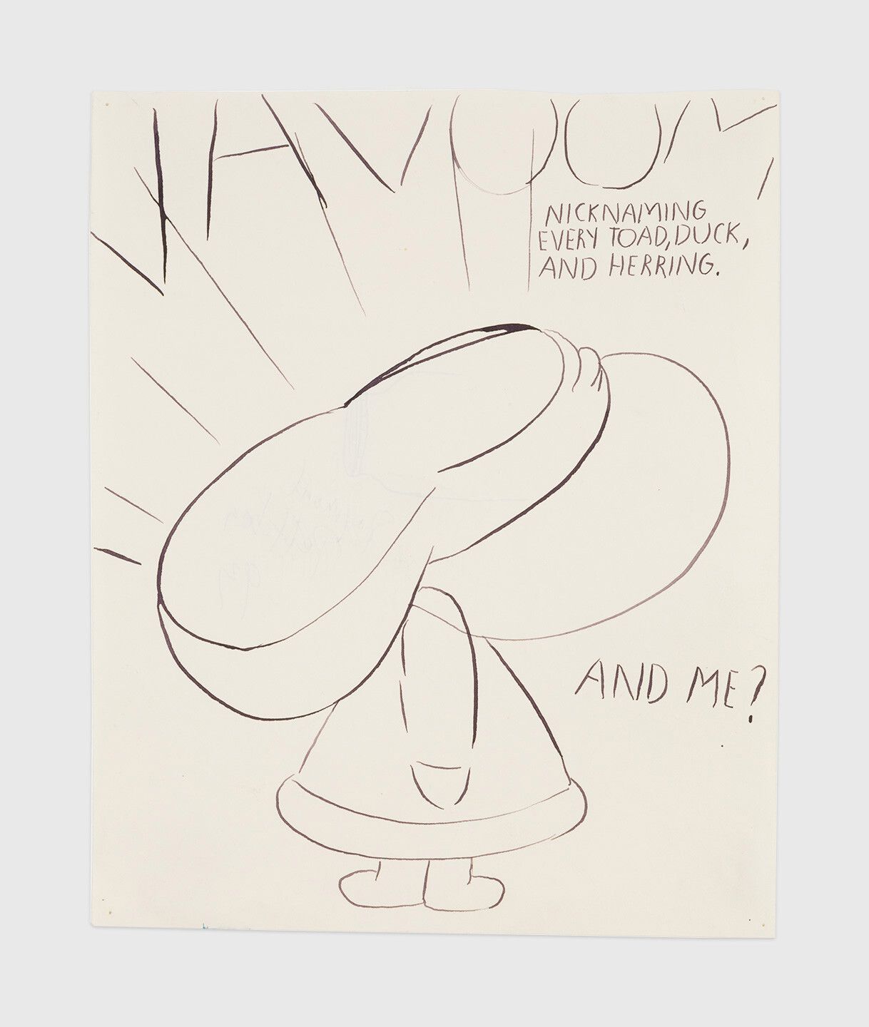 An ink drawing by Raymond Pettibon titled No Title (Vavoom. Nicknaming every...), dated 1993