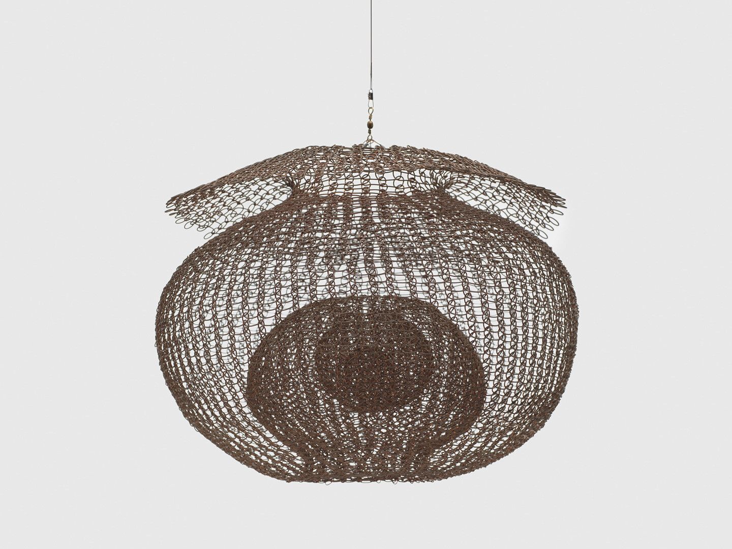 A hanging copper wire sculpture by Ruth Asawa, titled Untitled (S.727, Hanging Single-Lobed, Four-Layer, Continuous Form within a Form, with a Short Collar Forming a Partial Fifth Layer), circa 1980-1989.