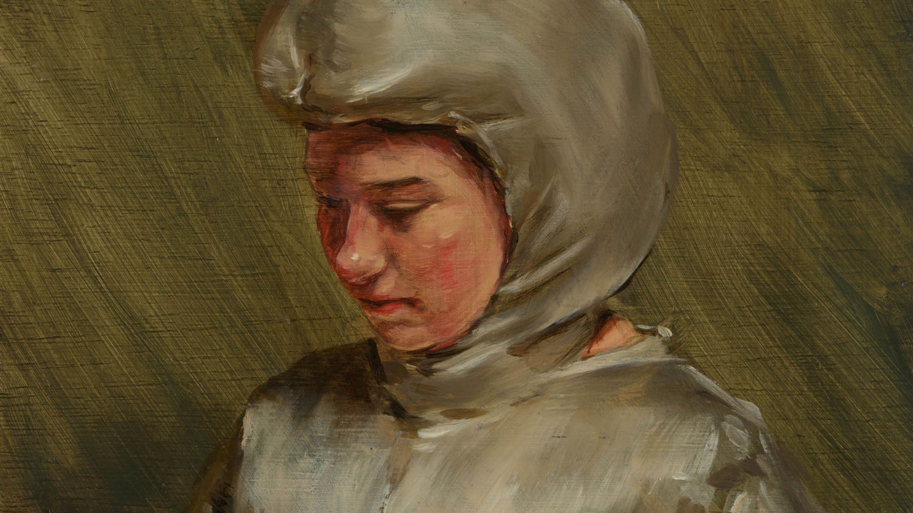 A detail image of a Michaël Borremans painting titled Study for Commuter, 2021