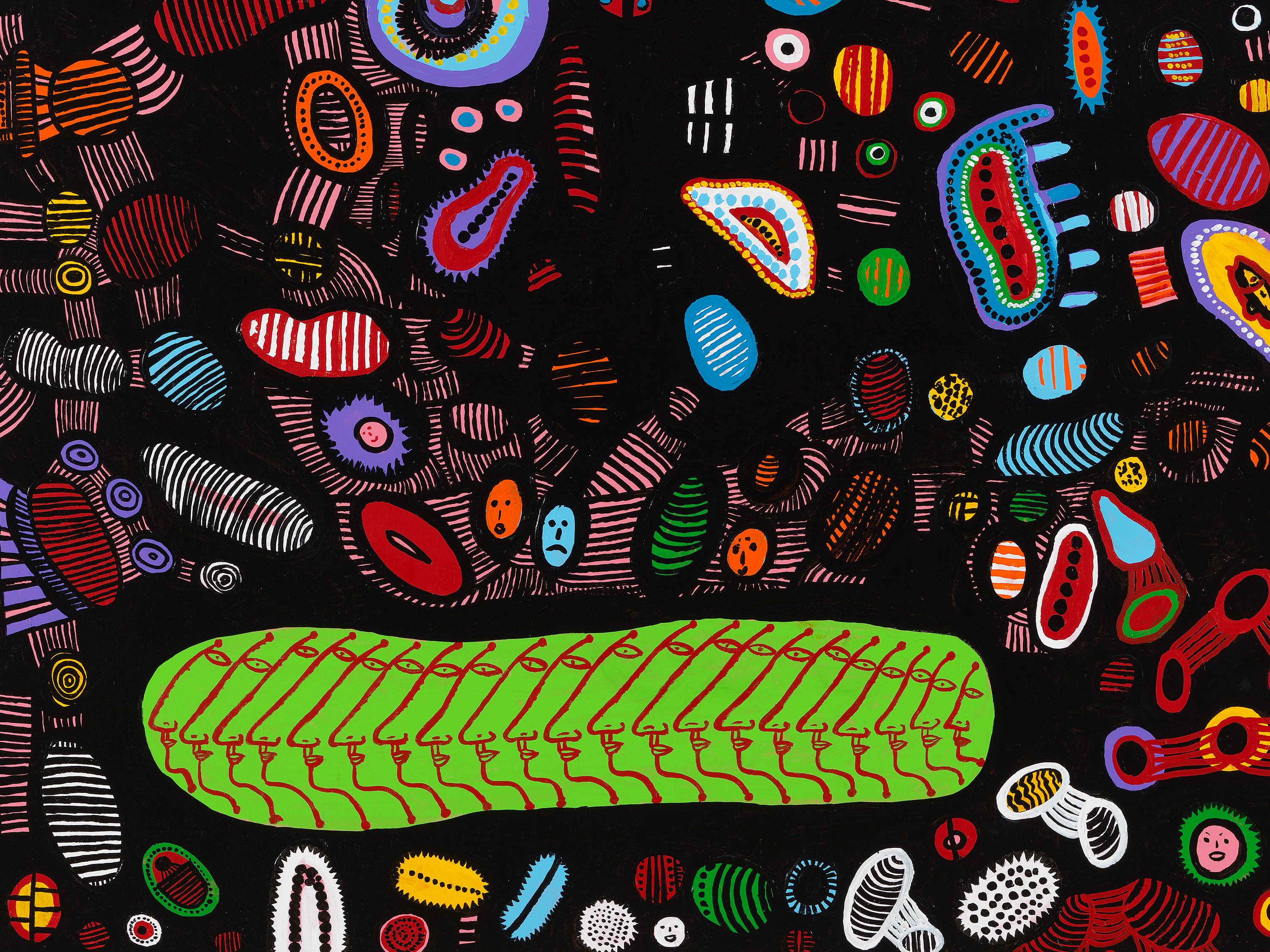 A detail from a painting by Yayoi Kusama titled ALL ABOUT THE HUMAN LOVE, dated 2015