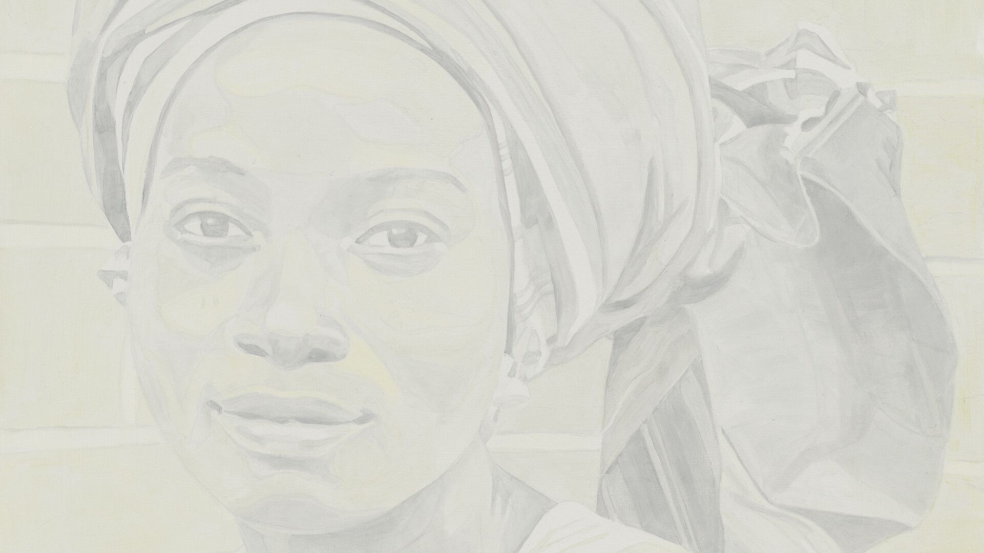 A detail of an acrylic and oil painting on wood panel by Njideka Akunyili Crosby, titled, Someday I'll Tell You About This, dated 2019.