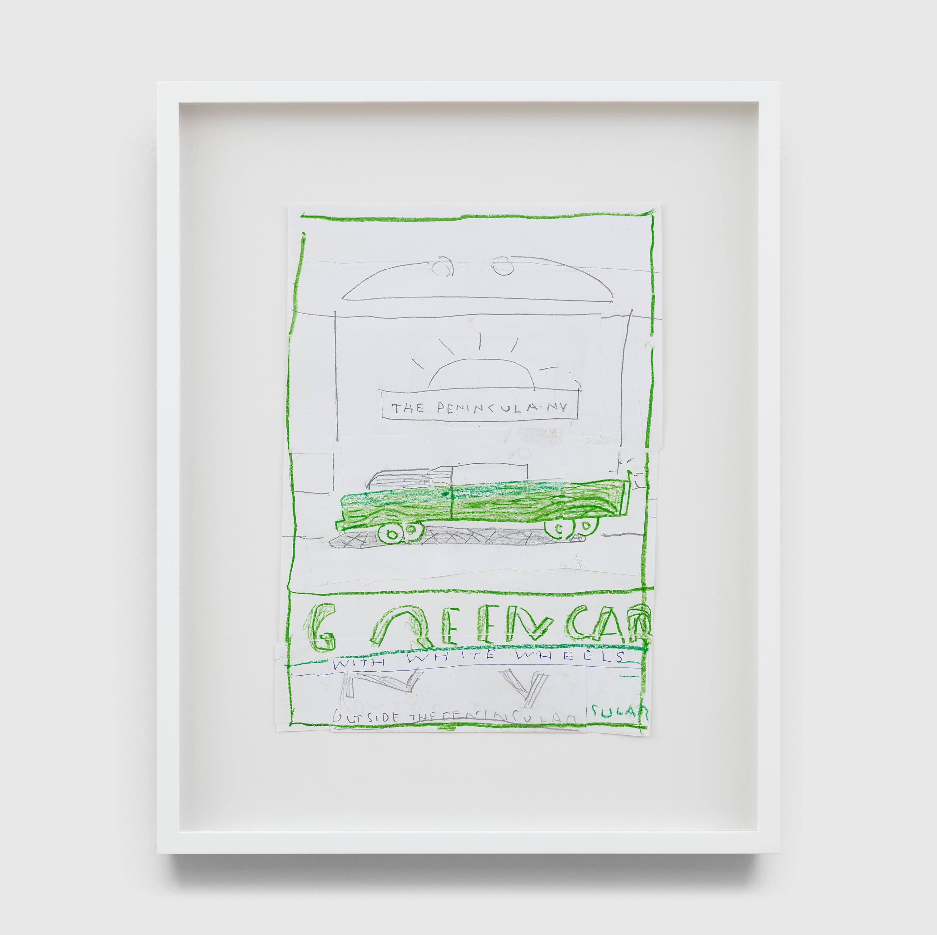 A work on paper by Rose Wylie, titled Green Car with White Wheels, dated 2021.