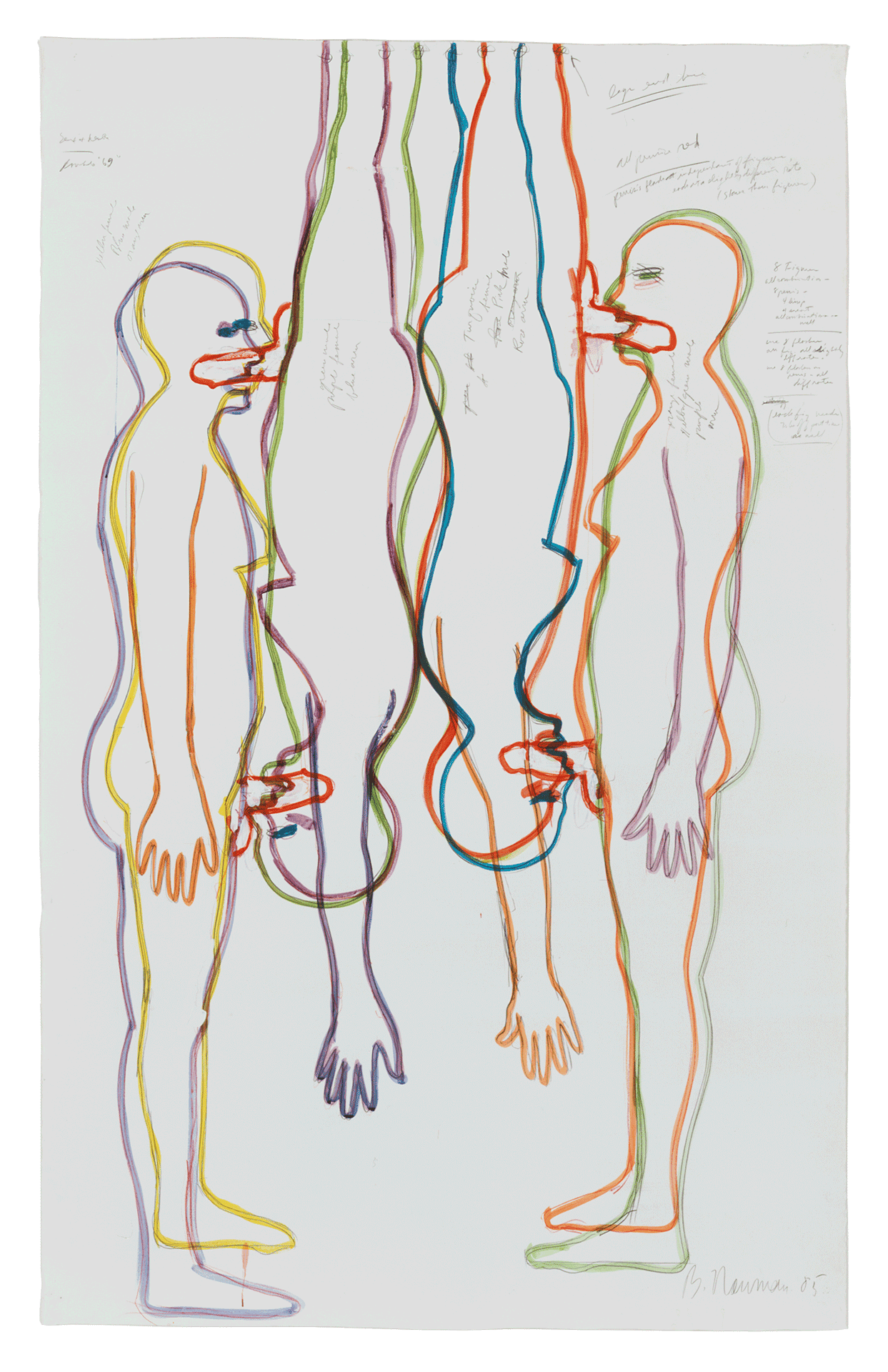 A drawing by Bruce Nauman, titled Sex and Death/Double 69, dated 1985.
