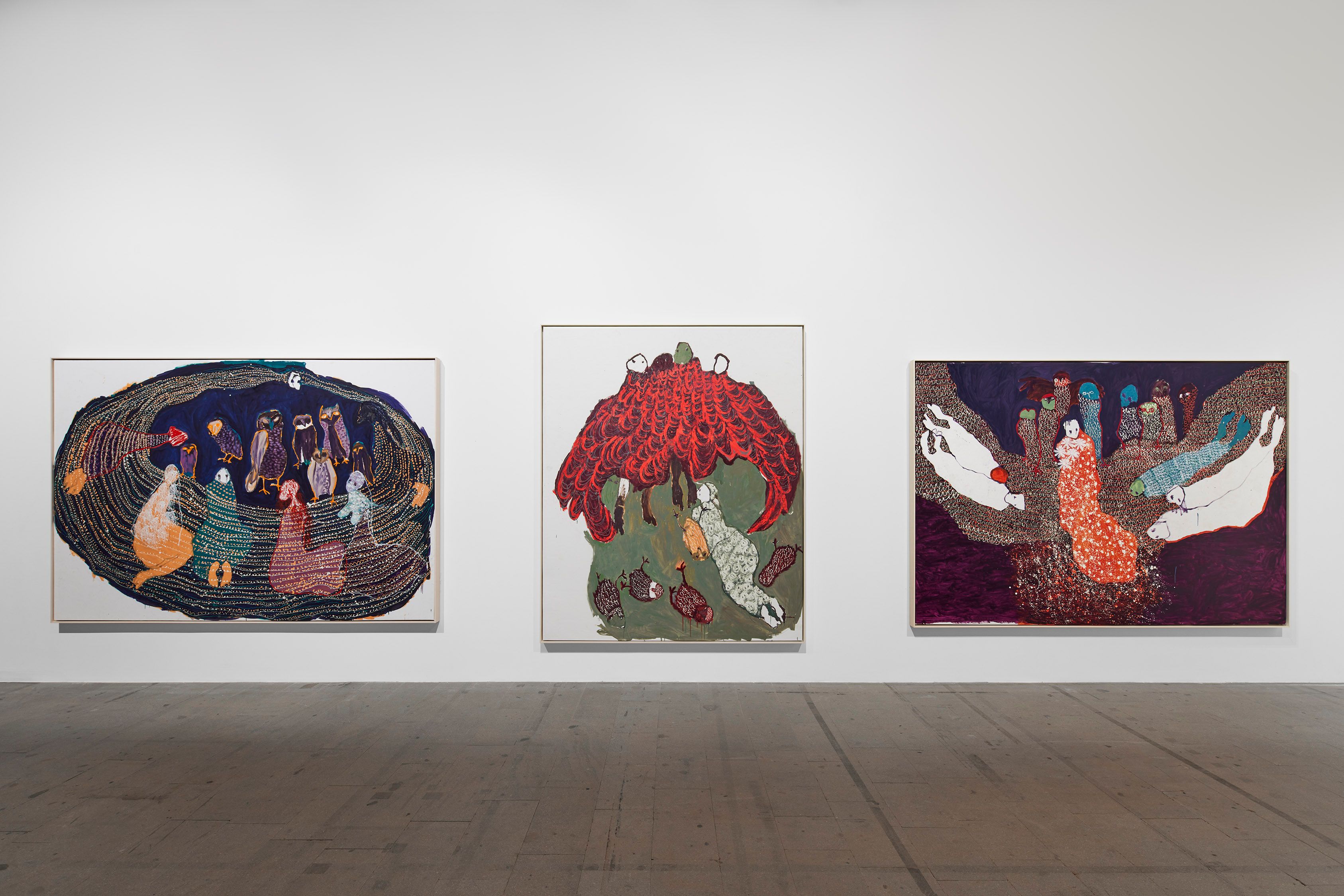 Installation view of Portia Zvavahera's works at the 59th International Art Exhibition of La Biennale di Venezia titled The Milk of Dreams, curated by Cecilia Alemani in 2022
