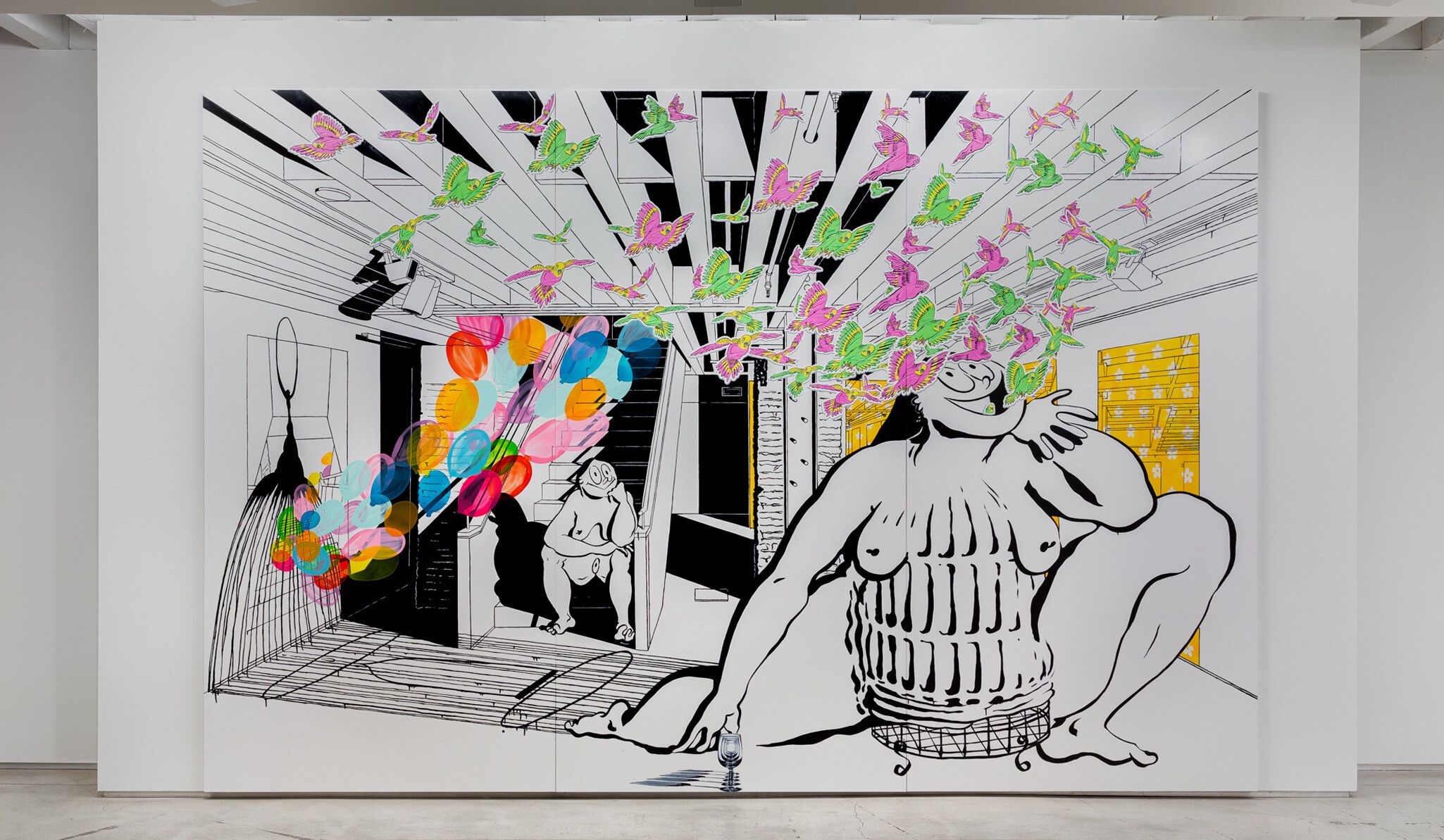 Installation view of the exhibition titled Ebecho Muslimova: Scenes in the Sublevel at The Drawing Center, New York. February 5 - May 23, 2021.