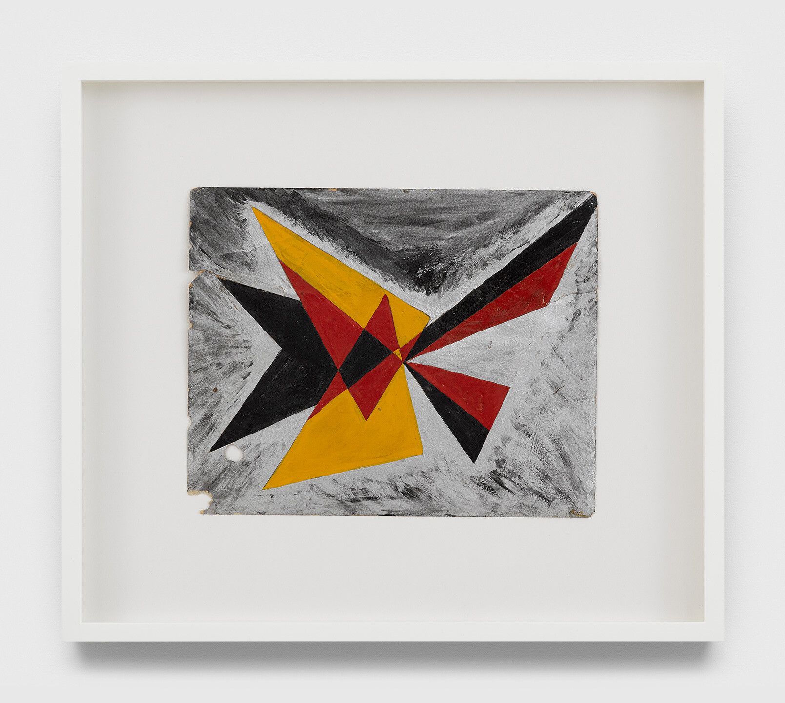 An undated oil painting on photograph by Frank Walter, titled Untitled (Abstract Triangles Red, Yellow, Black, and Silver).