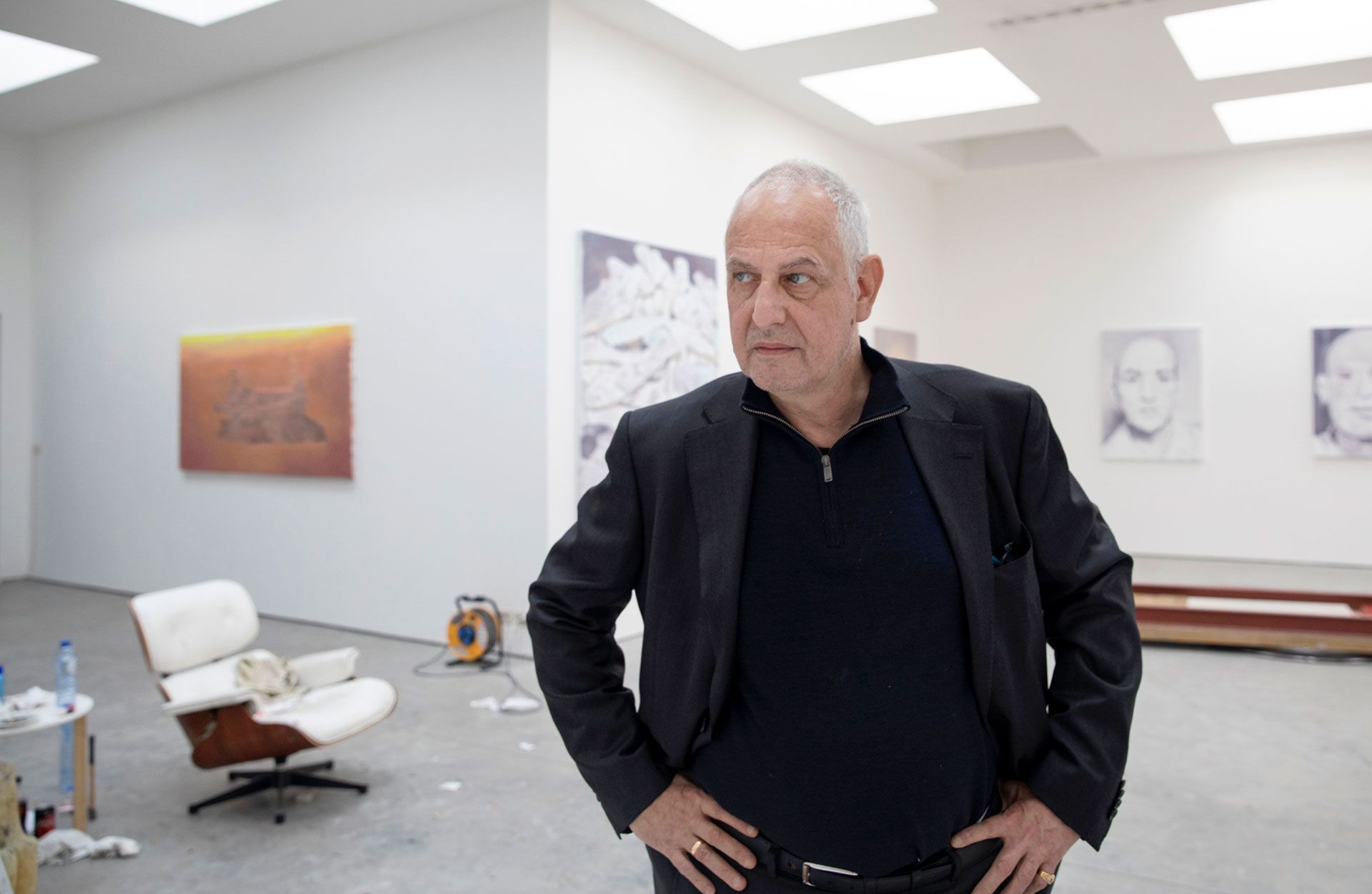 A photograph of Luc Tuymans in his studio, dated 2019