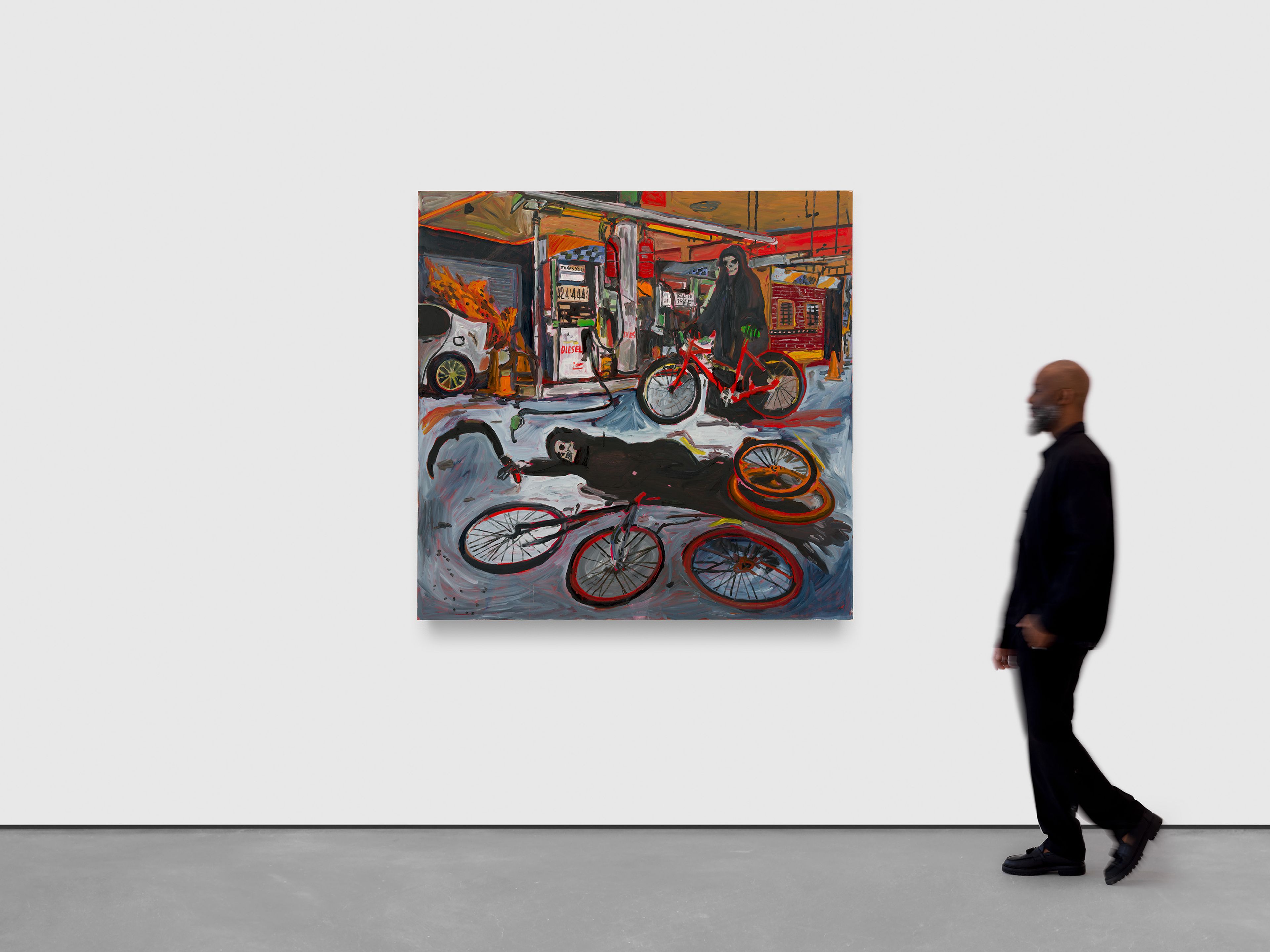 A painting by Josh Smith, titled Incident at the Gas Station, dated 2025.