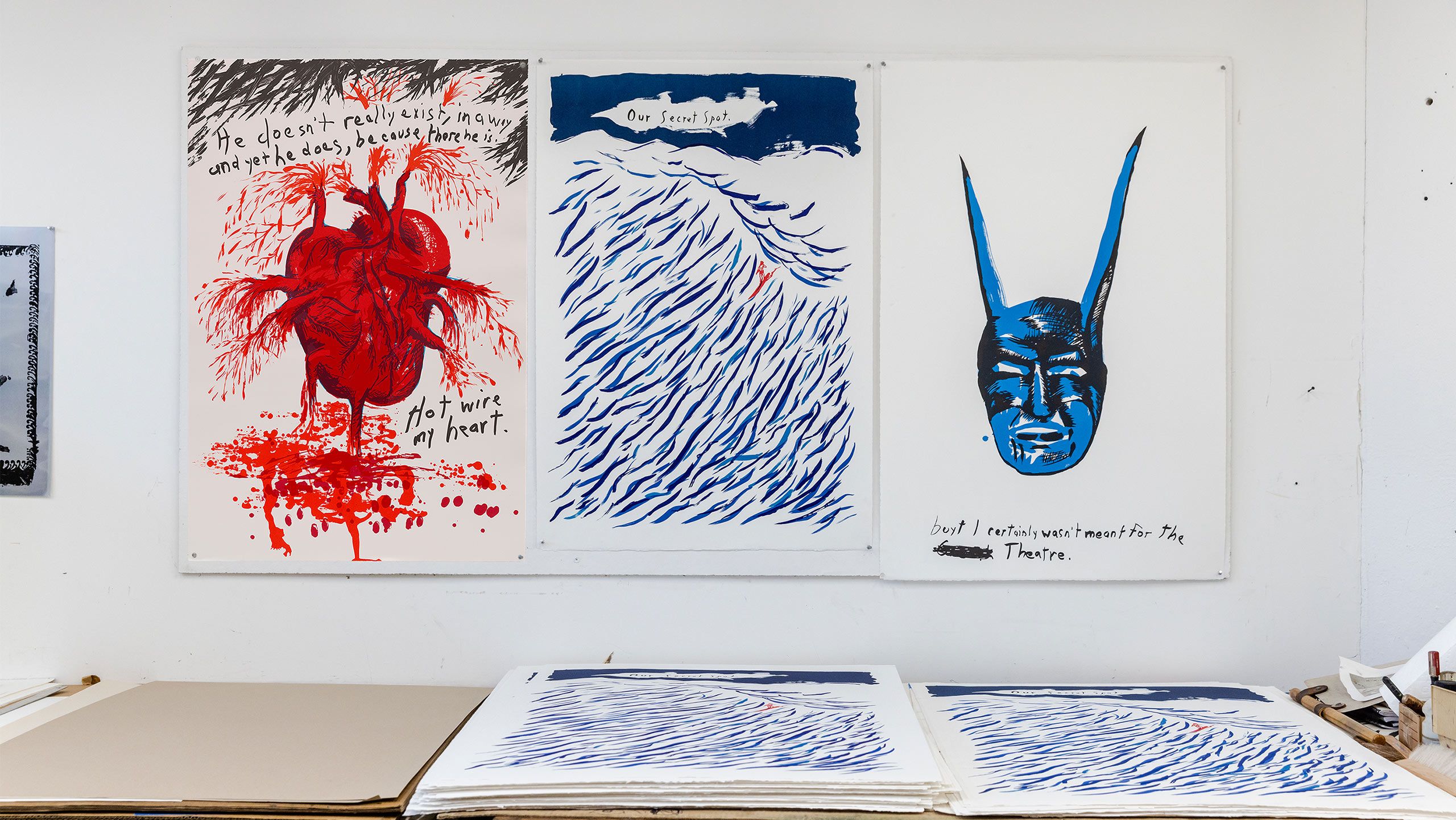 Pettibon’s new prints on the wall of Derriere L’Etoile Studios. Photo by Max Burkhalter
