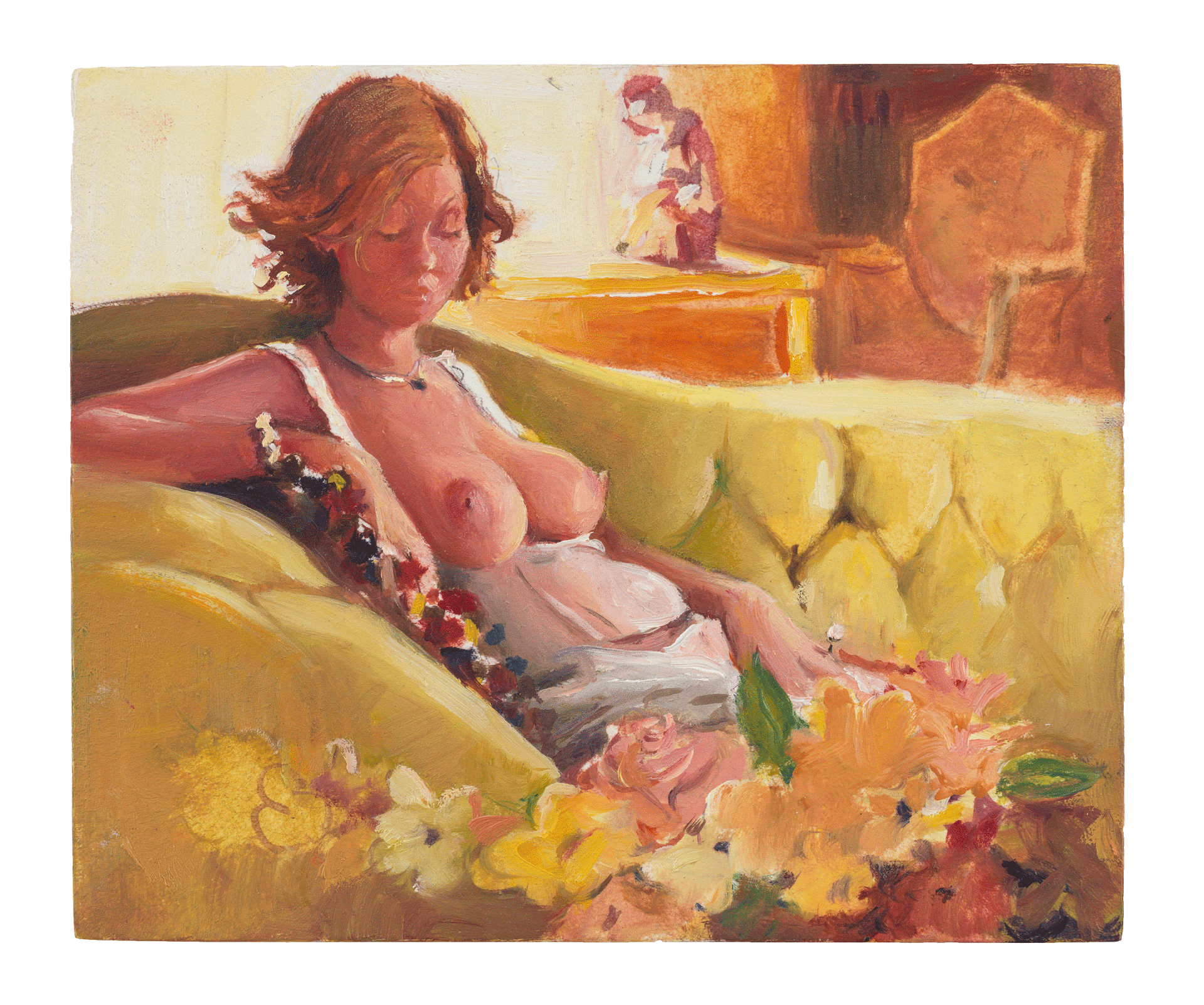 A painting by Lisa Yuskavage, titled Talia Reclining, dated 2000.