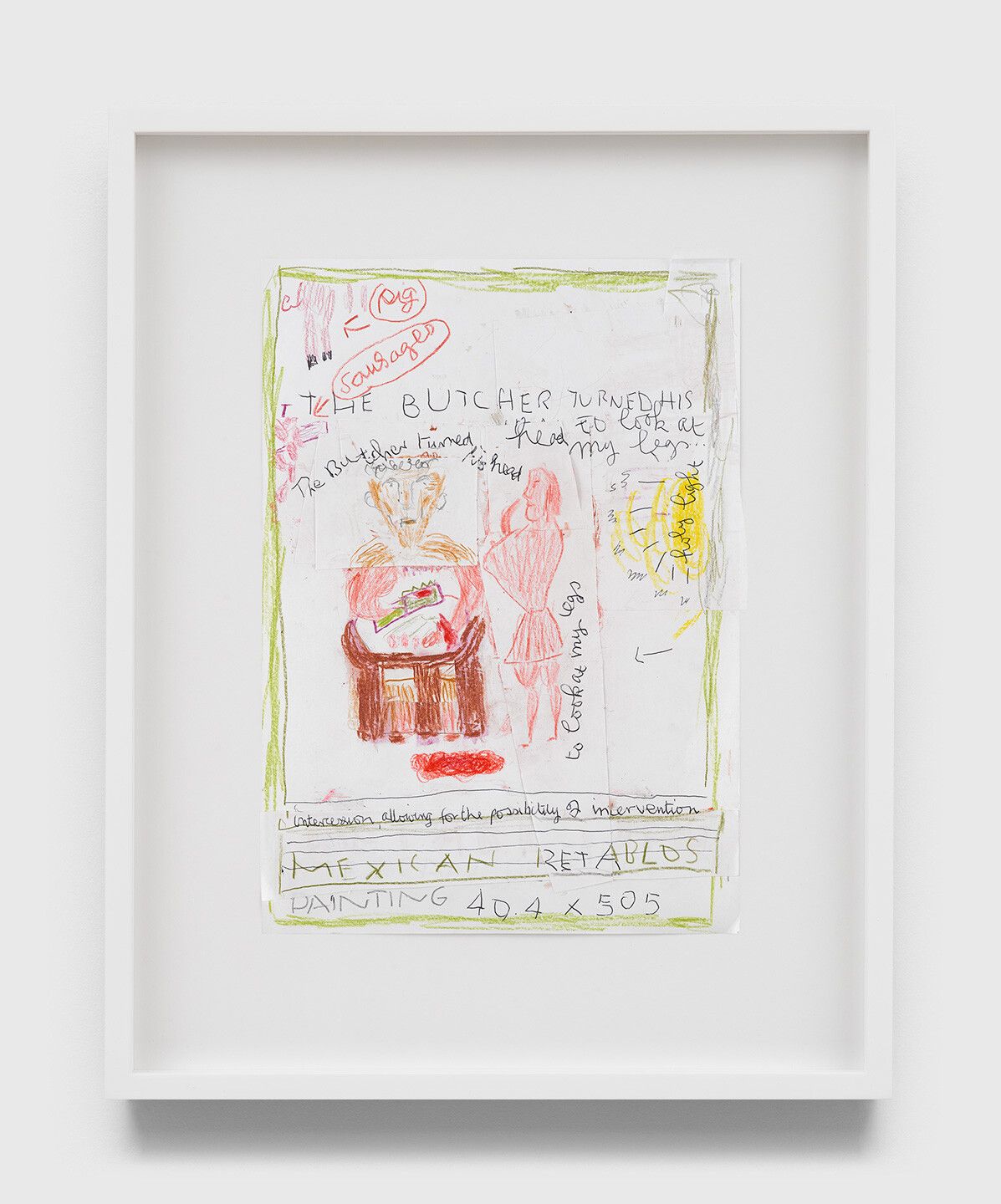 A collage on paper by Rose Wylie, titled Pig and Sausages, dated 2020.