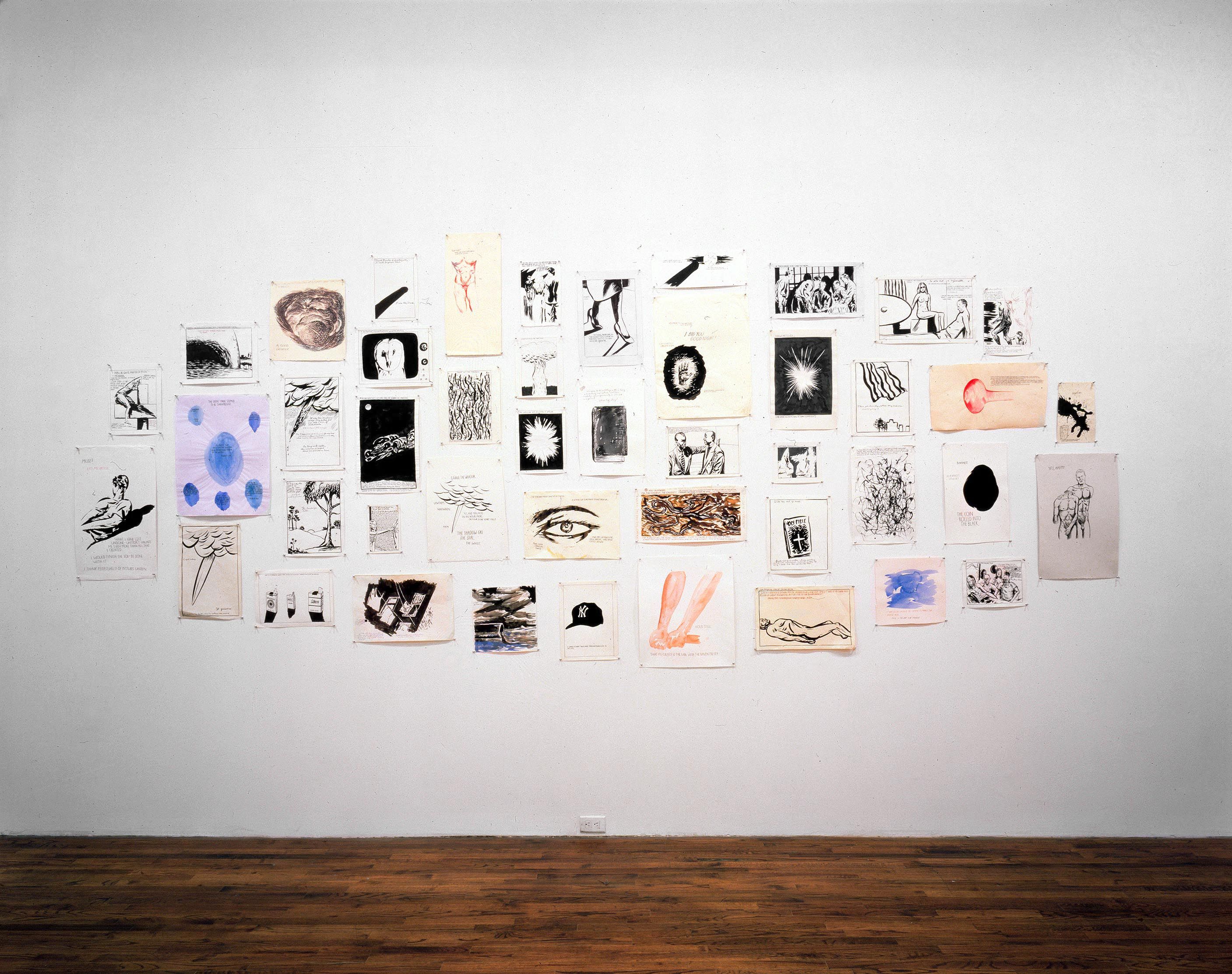 An installation view of the exhibition Raymond Pettibon: Drawings and Wall Drawings, at David Zwirner New York, dated 1995.