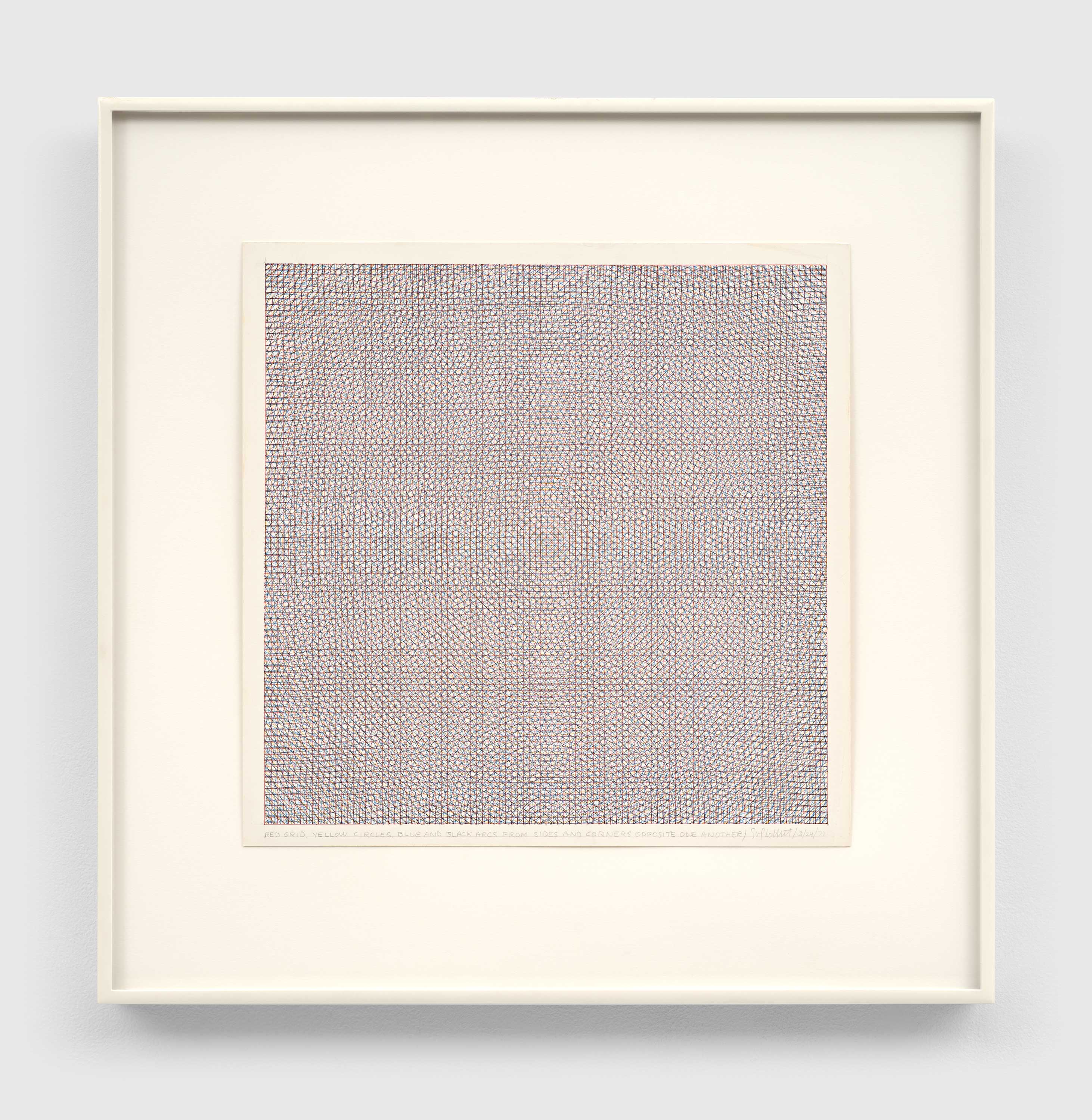 An ink on paper artwork by Sol LeWitt, titled Red Grid, Yellow Circles, Blue & Black Arcs From Sides and Corners Opposite One Another, dated 1972.