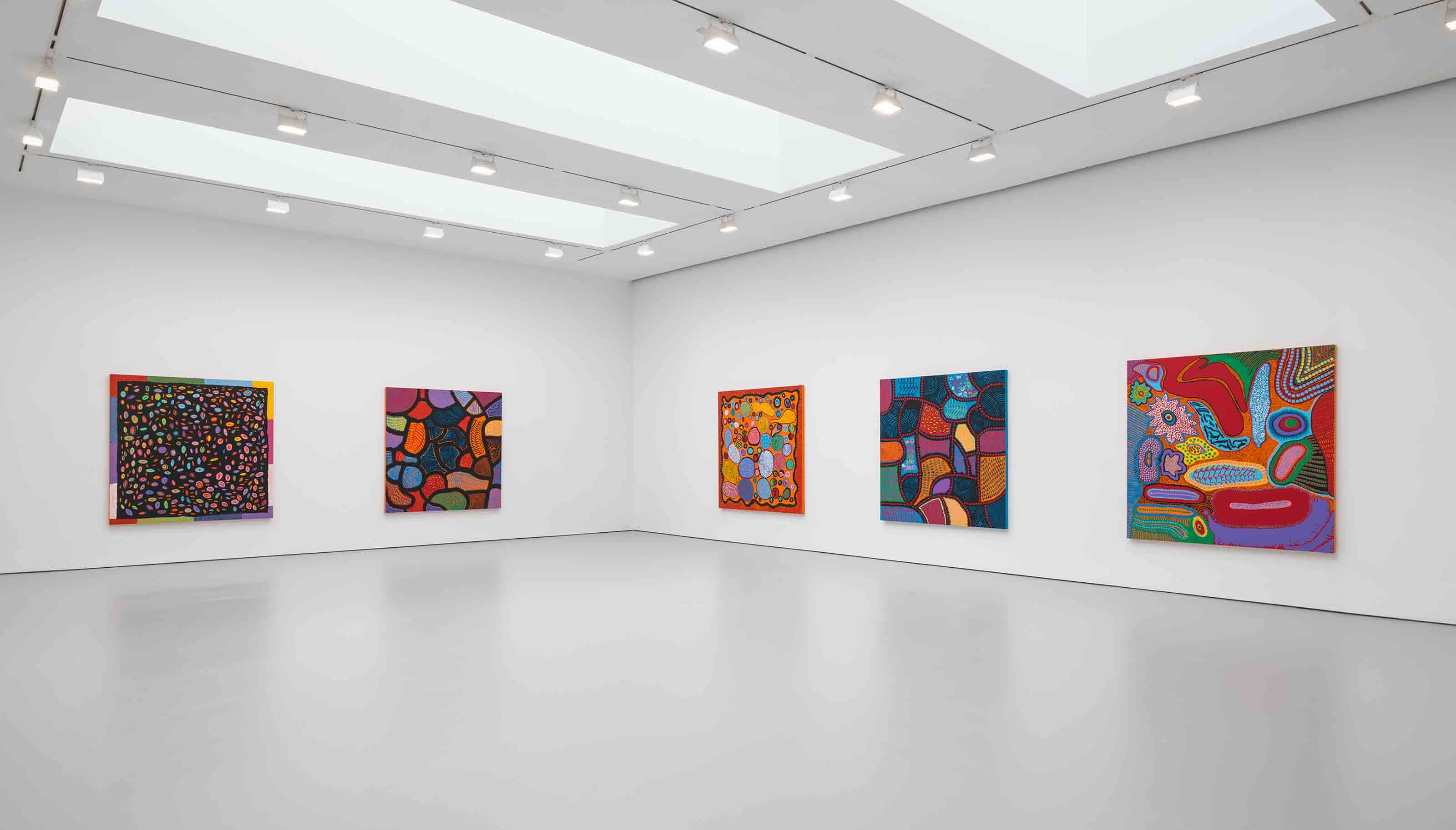 Installation view of the exhibition Yayoi Kusama: Give Me Love at David Zwirner in New York, dated 2015.