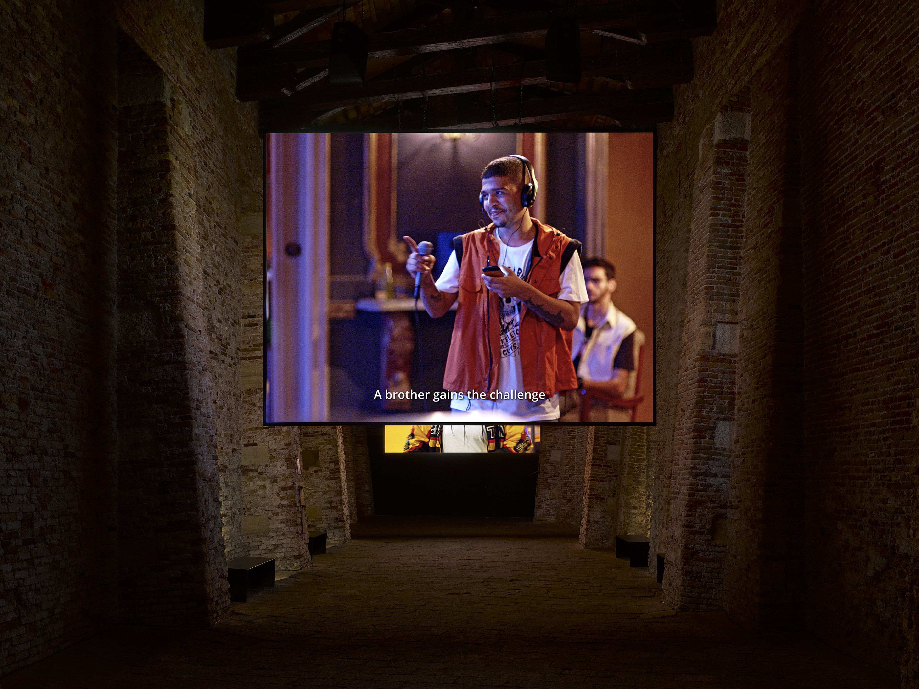 A still from a two-channel video installation by Stan Douglas, titled ISDN, dated 2022.
