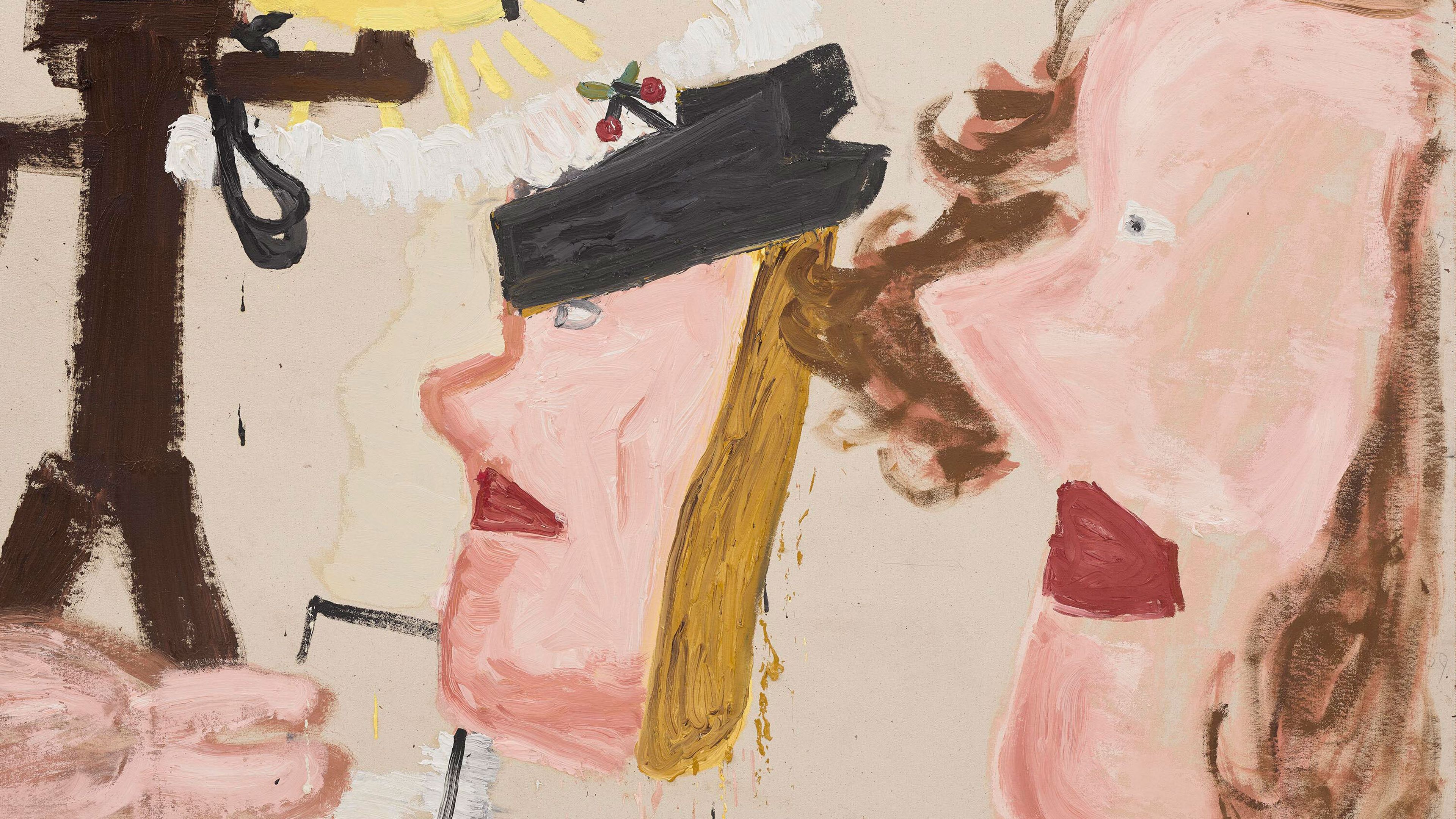 A detail of a painting by Rose Wylie, titled "Red Doodlebug and Triple Pearls," dated 2022