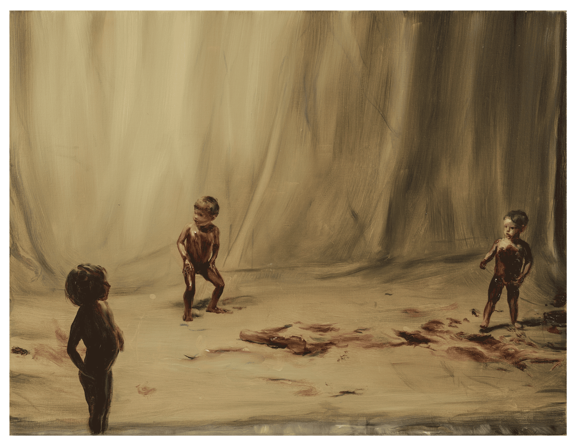 A painting by Michaël Borremans, titled Fire From the Sun (Three Figures, Three Limbs), dated 2017.