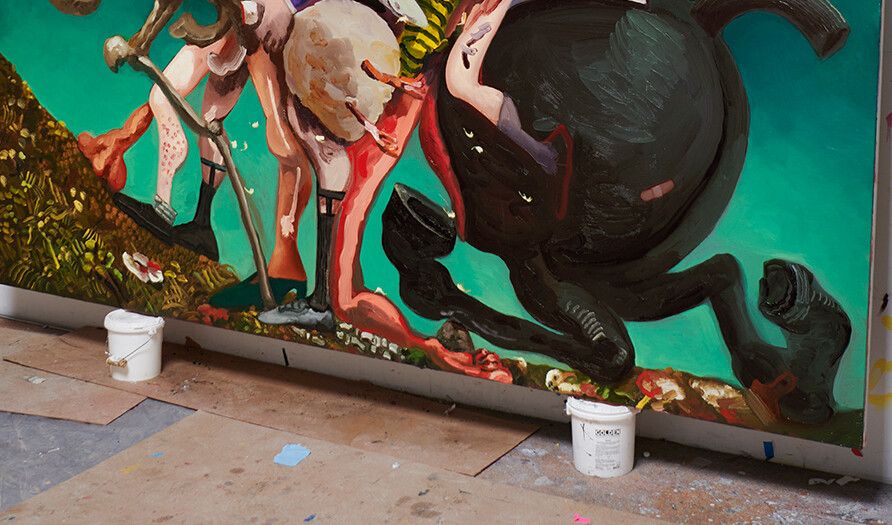 A detail from a painting by Dana Schutz, titled The Arts, dated 2021. Photo by Jason Schmidt.