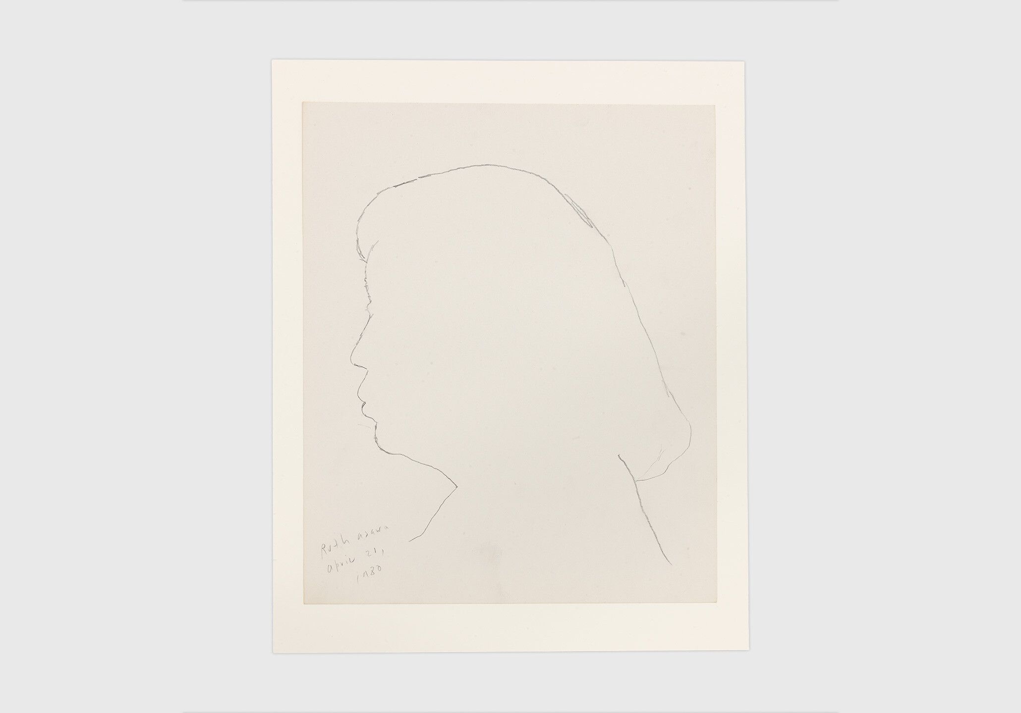 A pencil drawing on paper by Ray Johnson, titled Untitled (Ruth Asawa), dated 1980.