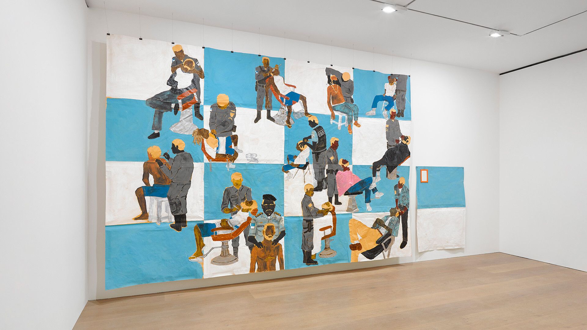An installation view of an exhibition titled, Maxwell Alexandre, Pardo é Papel: Close a door to open a window, at David Zwirner London in 2020.