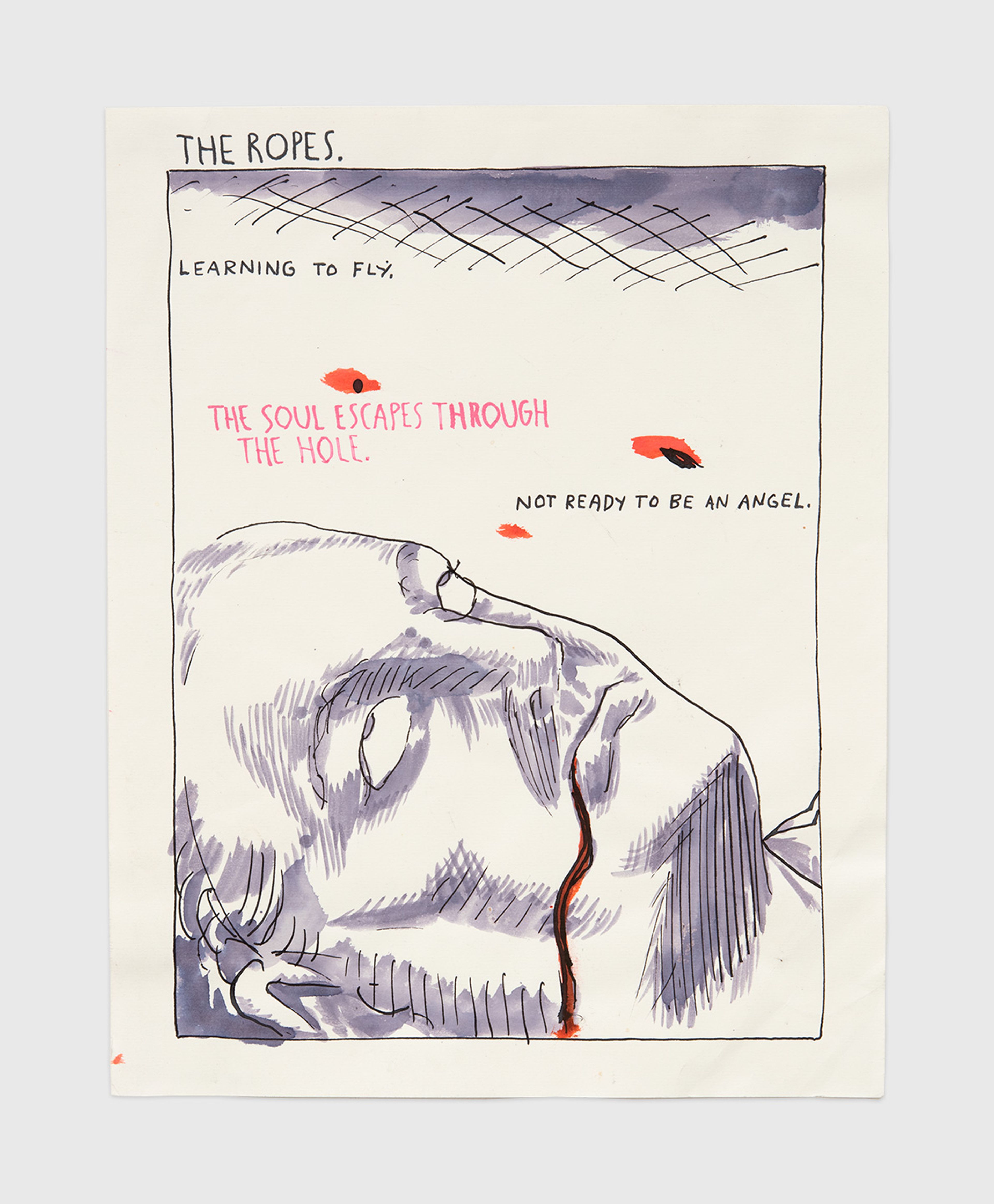 An ink drawing by Raymond Pettibon titled No Title (The ropes. Learning...), dated 1990