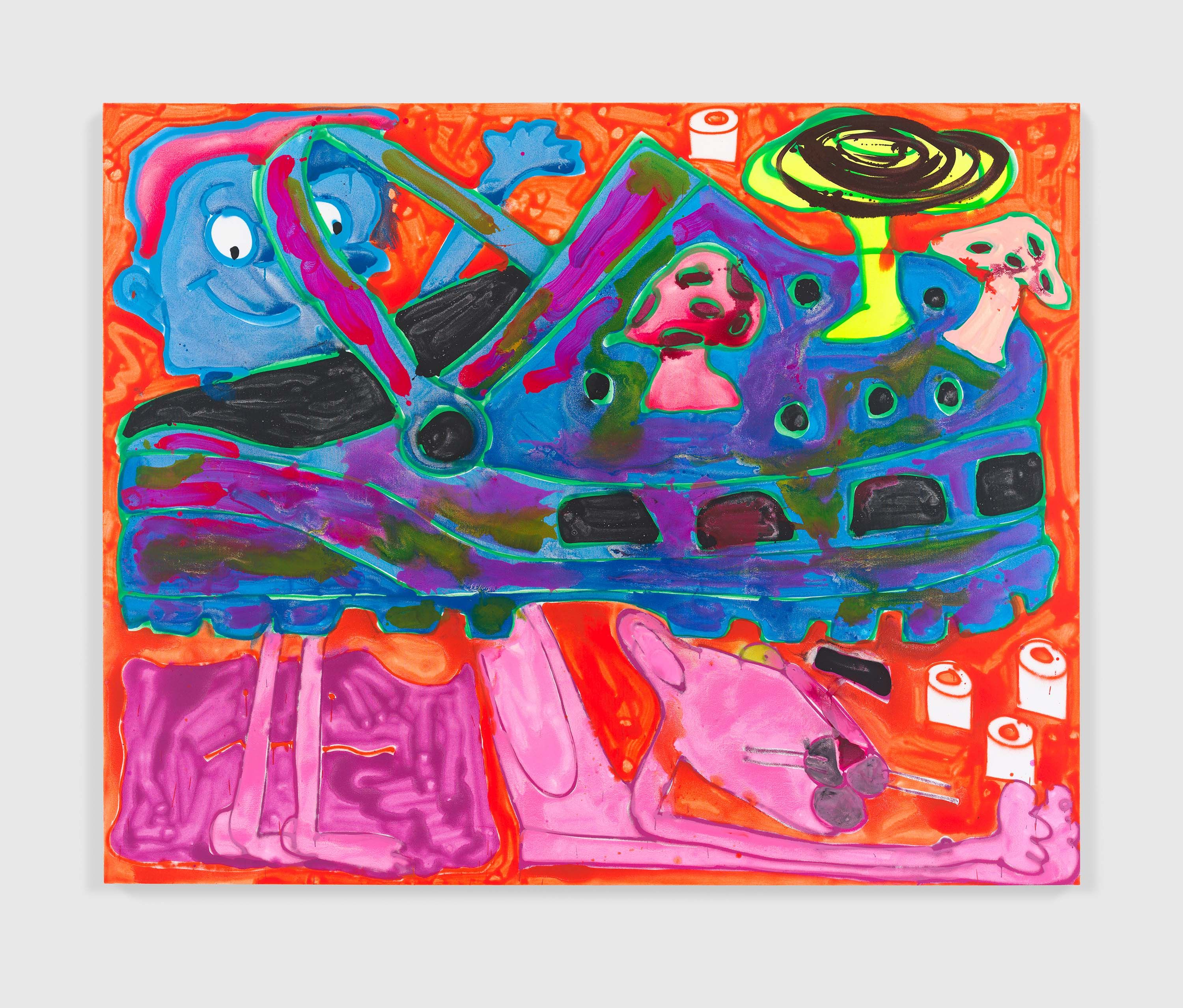 An acrylic and spray paint on canvas artwork by Katherine Bernhardt, titled Diplo Croc Smurf Panther Ditto Toilet Paper, dated 2022.