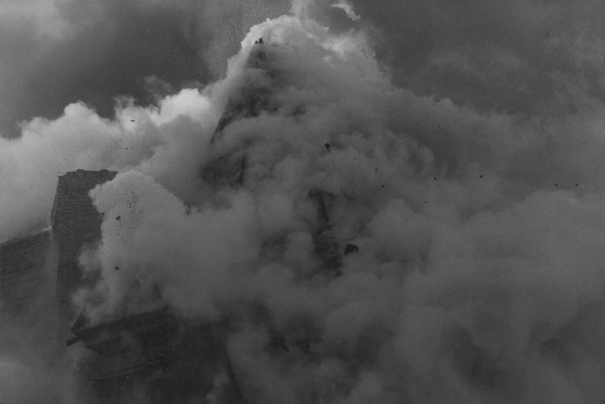 A silver gelatin print by Roy DeCarava, titled Smoke and debris, dated 1995.