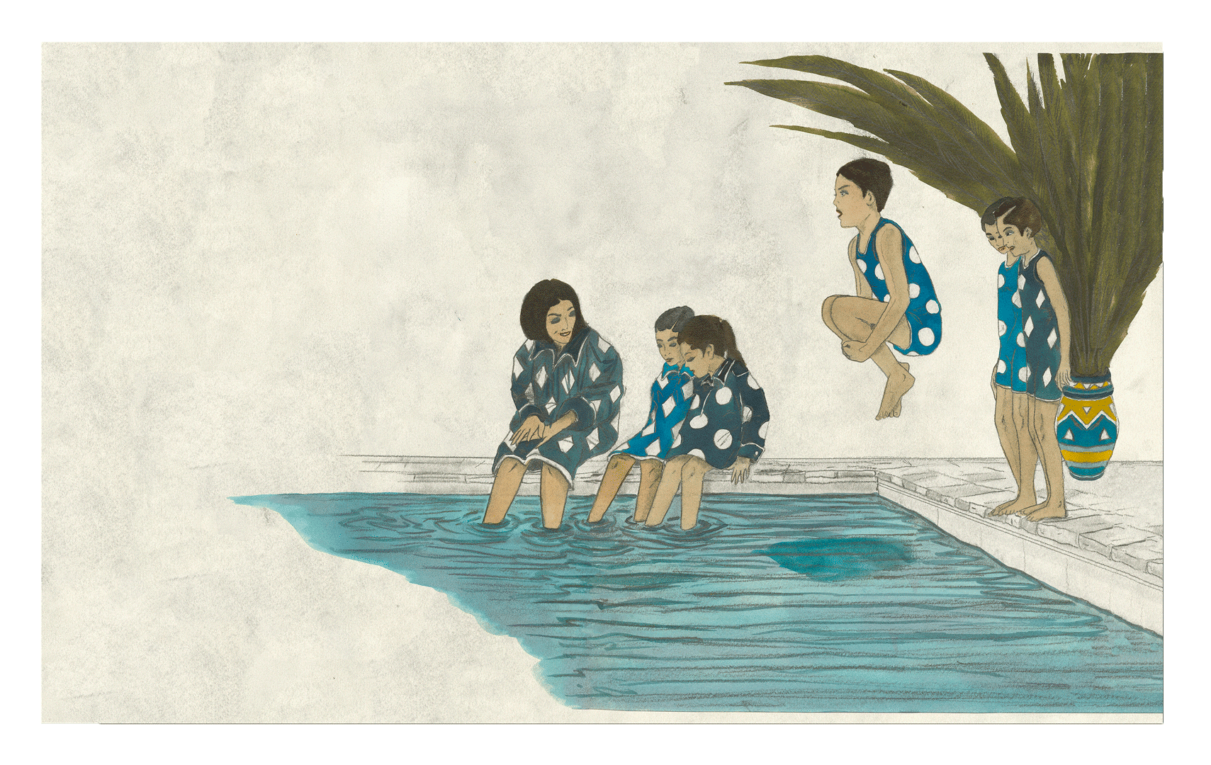 A work on paper by Marcel Dzama titled Children playing around a basin, dated 2018.