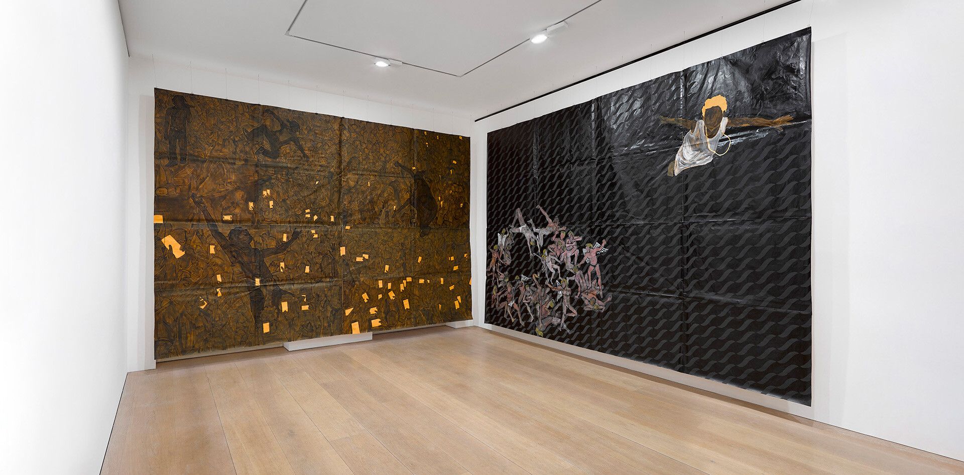 An installation view of an exhibition titled, Maxwell Alexandre, Pardo é Papel: Close a door to open a window, at David Zwirner London in 2020.