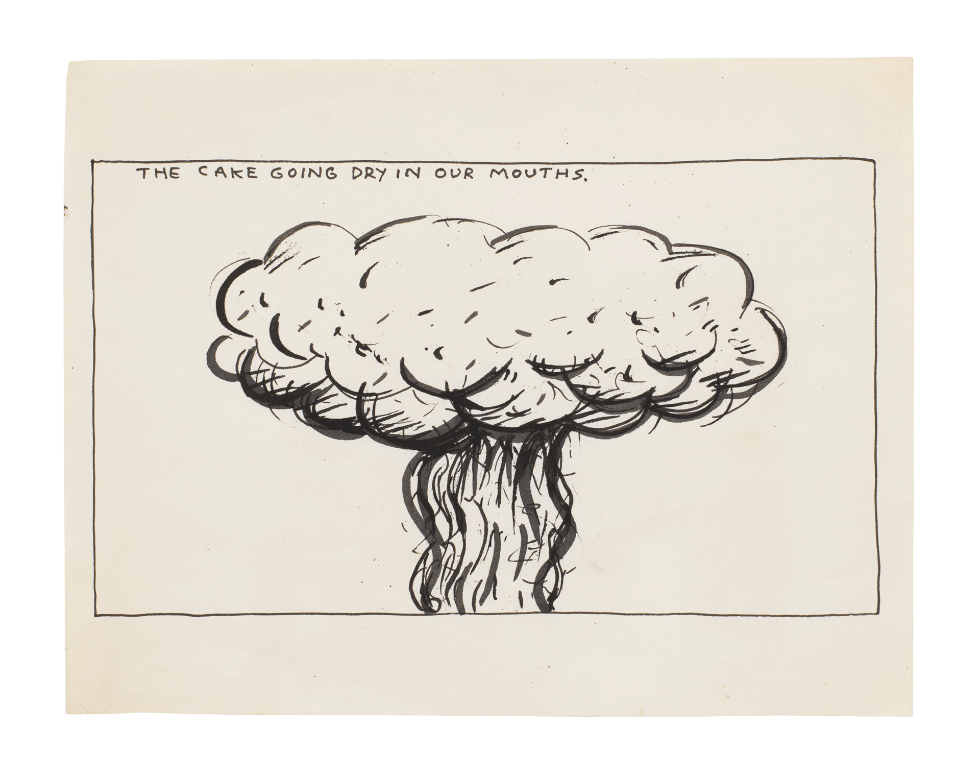 A drawing by Raymond Pettibon titled No Title (The cake going...), dated 1986.