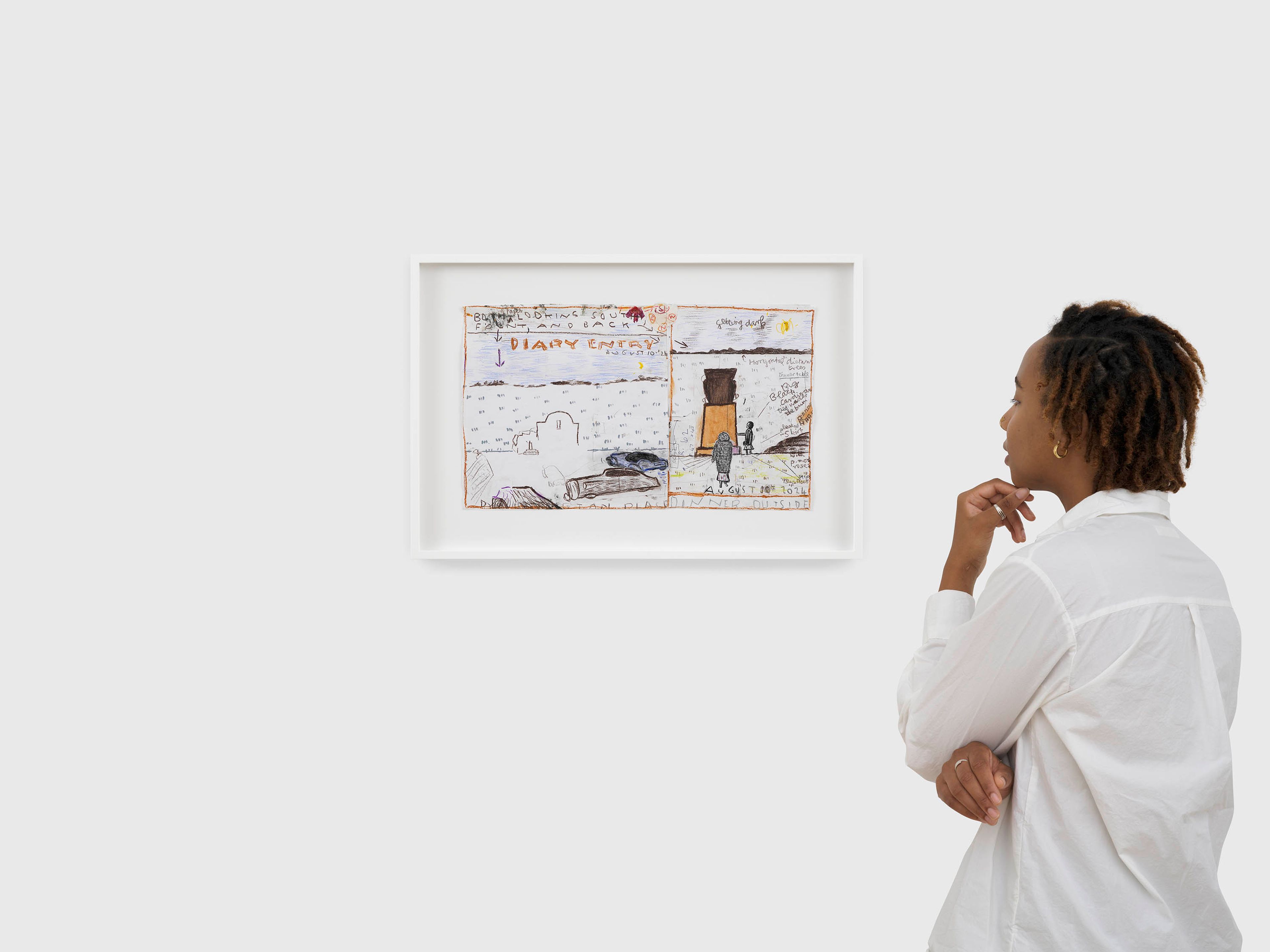 A work on paper by Rose Wylie, titled Diary Entry, drawing for Dinner Outside, dated 2024.