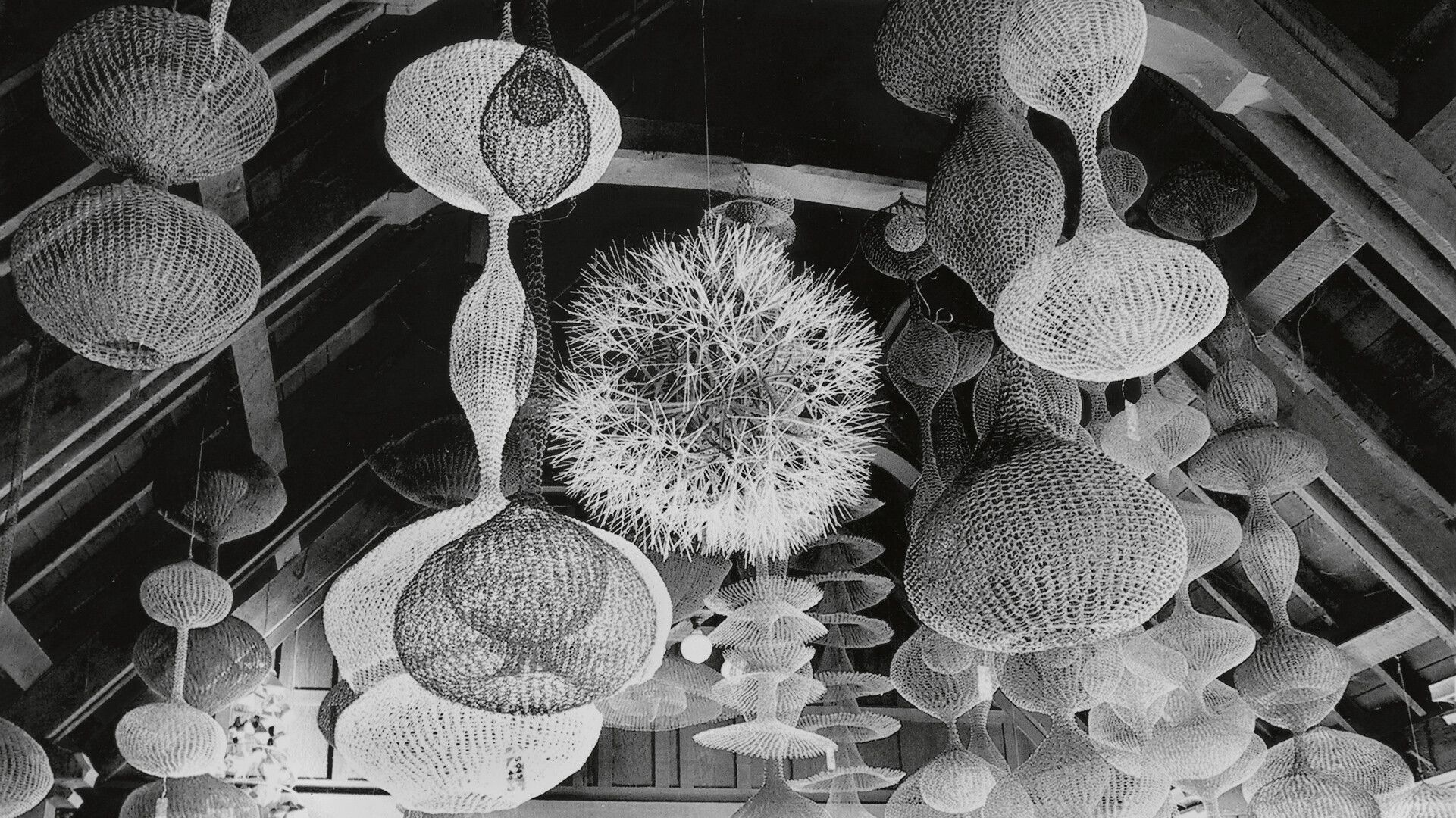A photograph by Laurence Cuneo of Ruth Asawa's sculptures in her living room in San Francisco, dated 1995.