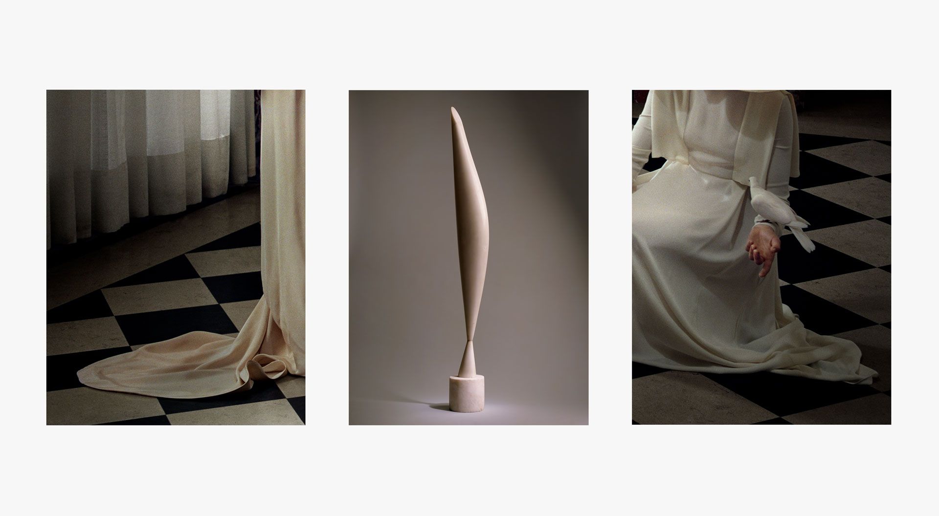 A composite image featuring details from photos by philip-lorca dicorcia and a sculpture by brancusi.