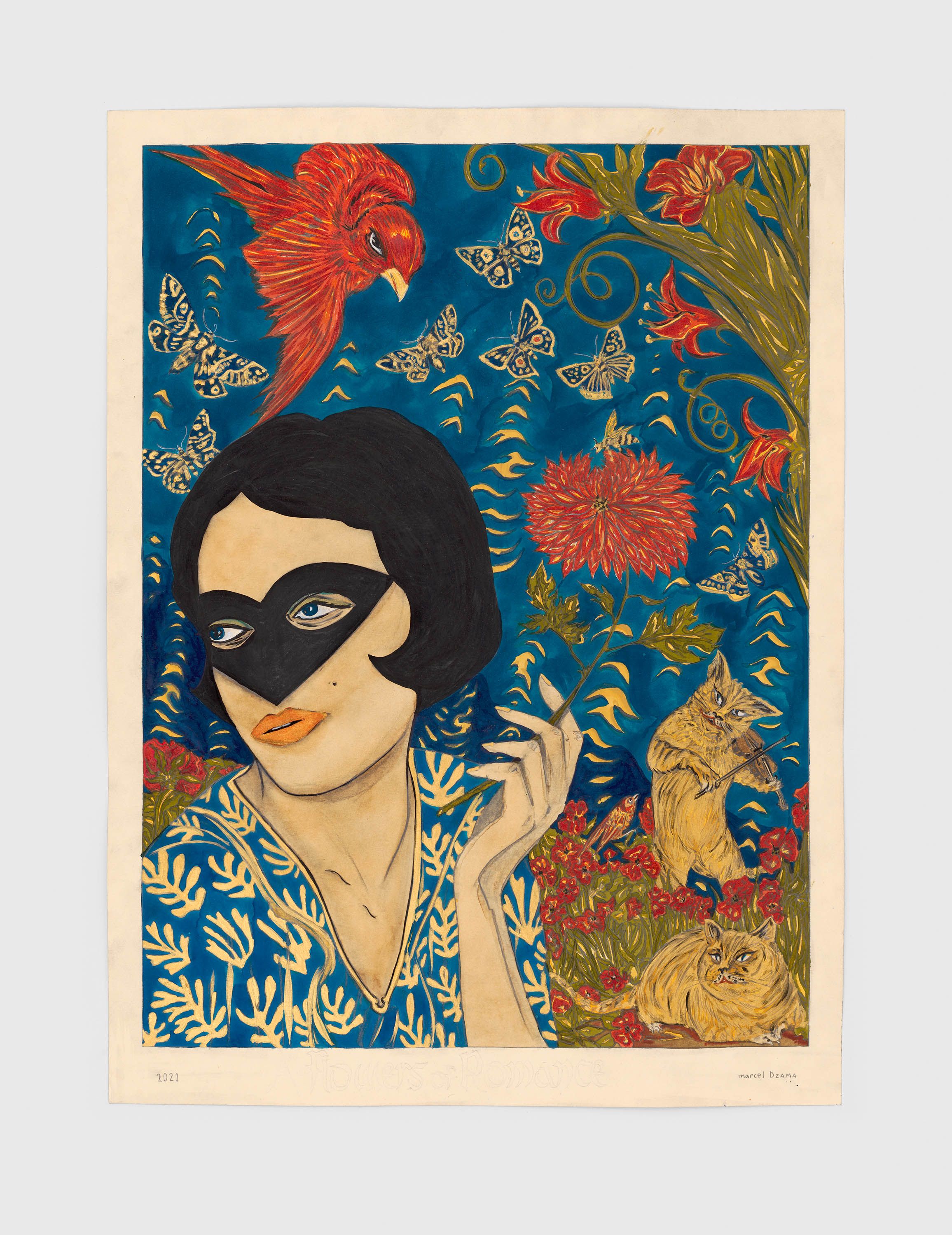 A mixed media artwork by Marcel Dzama, titled Like the flowers of romance, dated 2021.